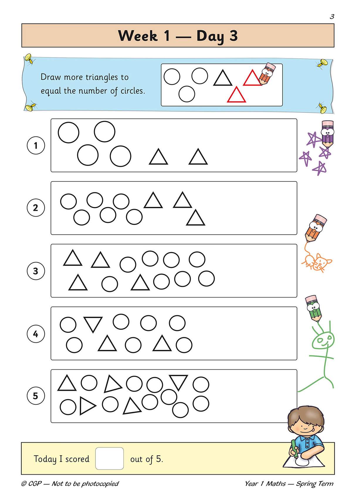 Children draw triangles to match circle counts in five exercises, then tick a box to record their score out of five