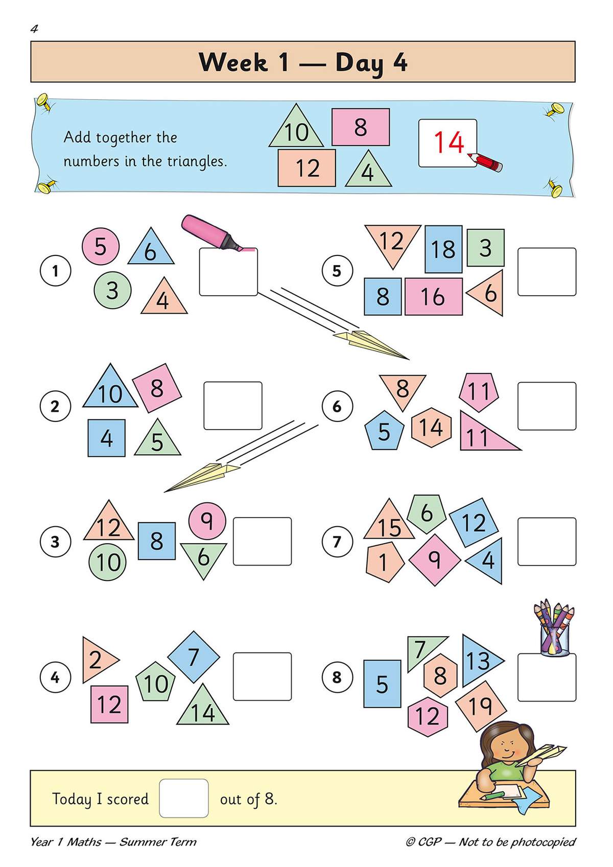 Children add numbers inside coloured shapes and write the total in a box, practising sums up to 20