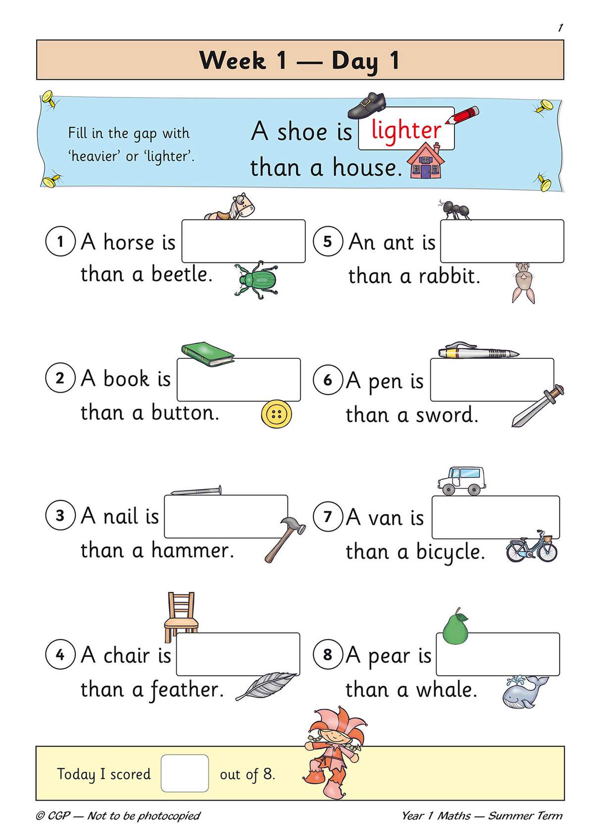 Children compare eight pairs of objects to decide which is heavier or lighter, then tick a box to record their score