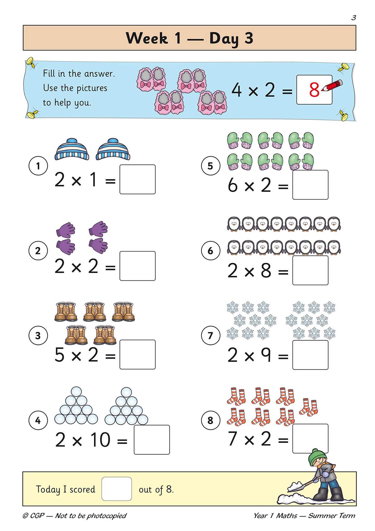 Children complete eight multiplication sums using pictures of winter items to help them find the answers