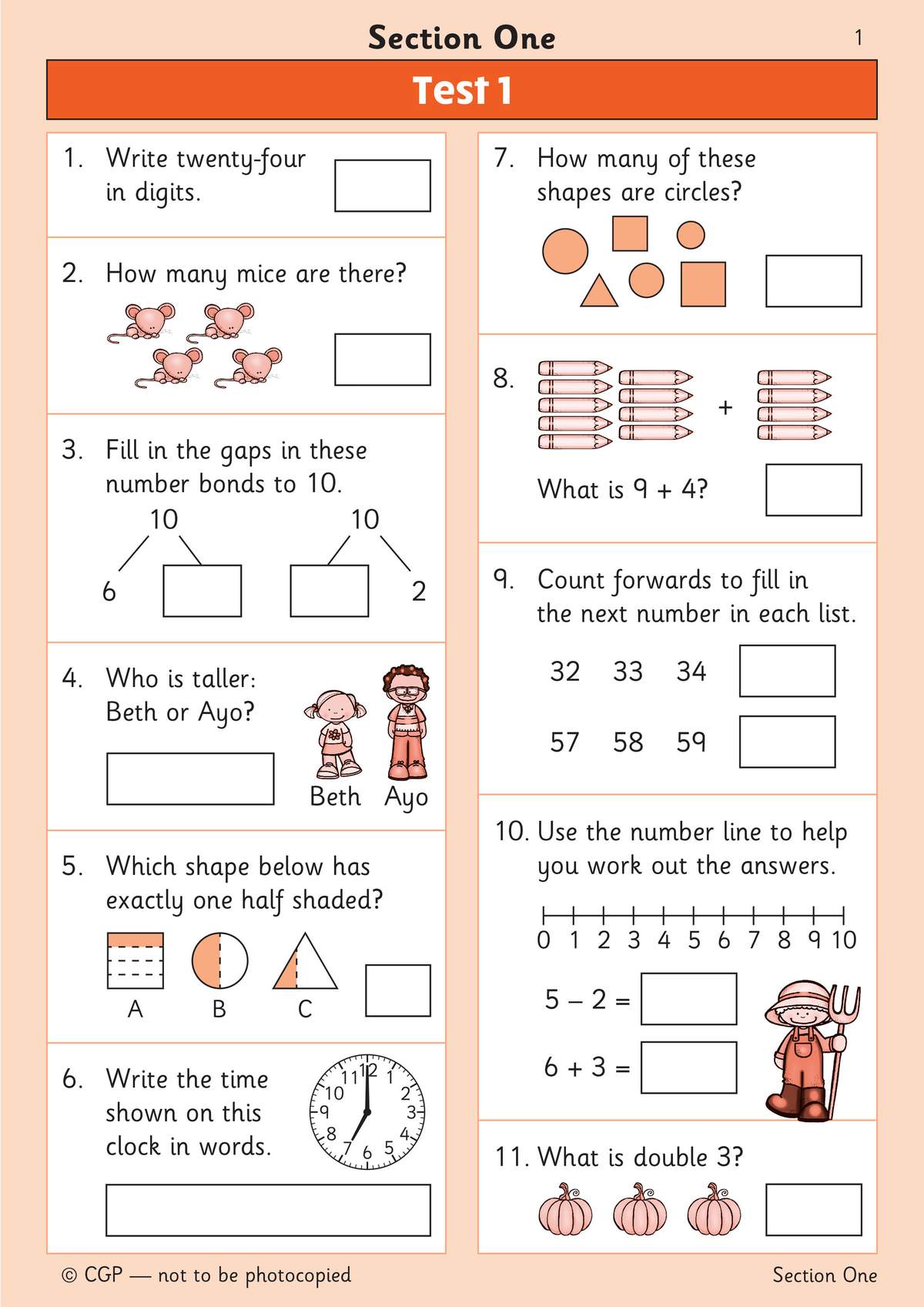 Test 1 for Year 1 mental maths, covering number bonds, counting, addition, subtraction, and time