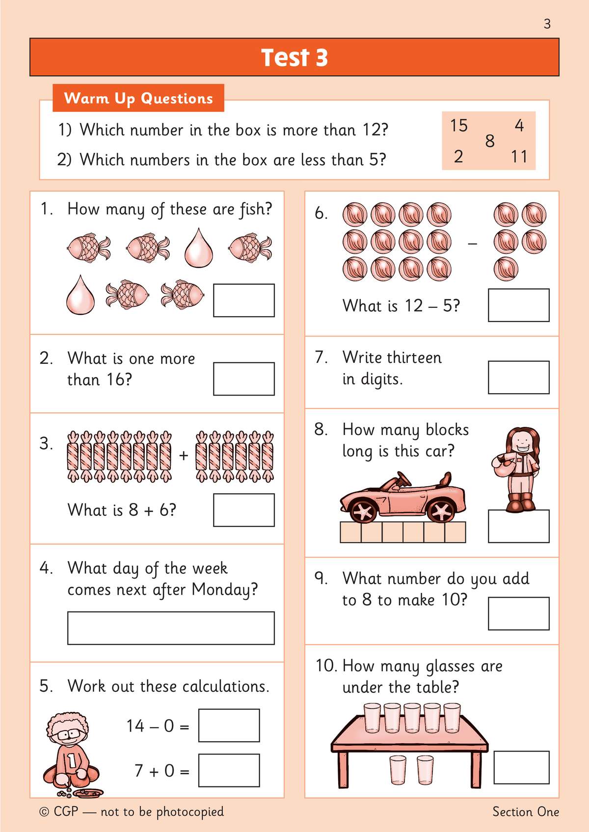 Ten questions on counting, addition, subtraction and number recognition, with boxes to write answers in