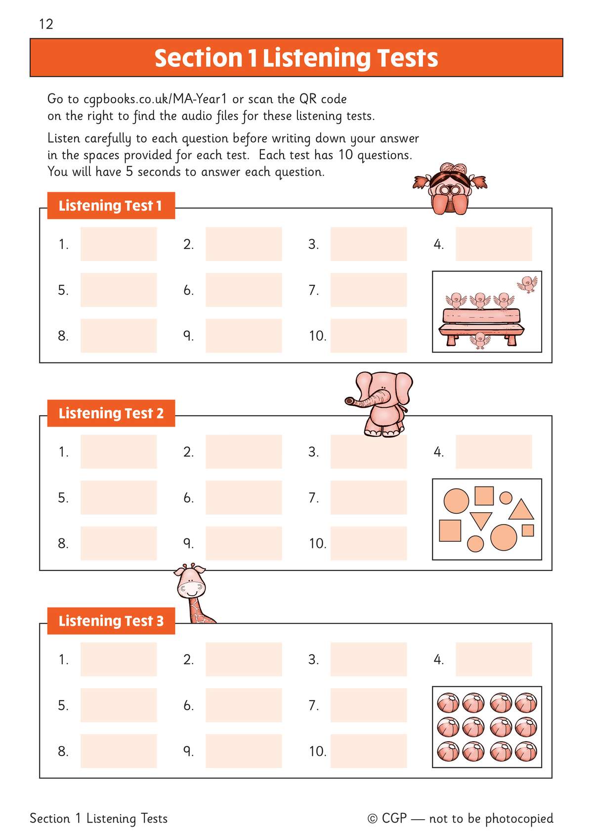 Three listening tests with 10 questions each, where children write down answers to audio prompts about animals and shapes