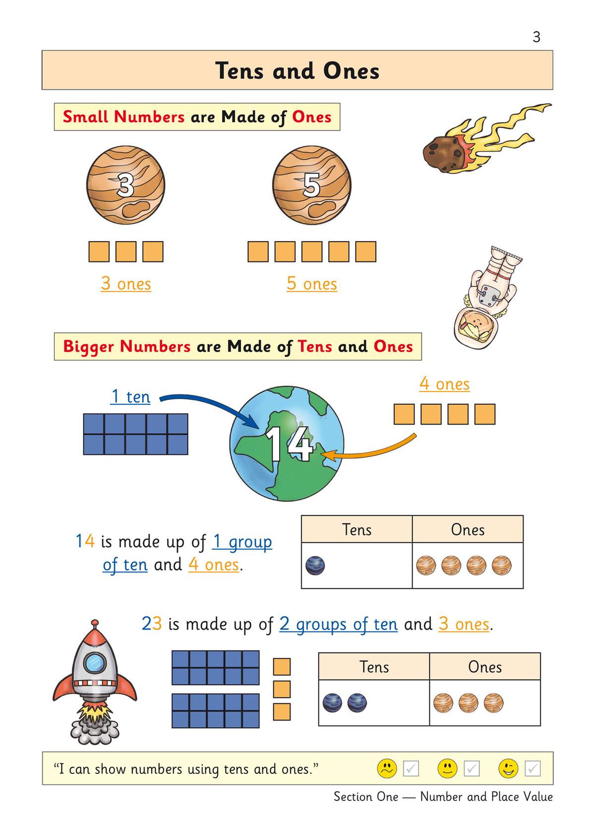 This page explains how numbers are made of tens and ones using space-themed pictures and tables