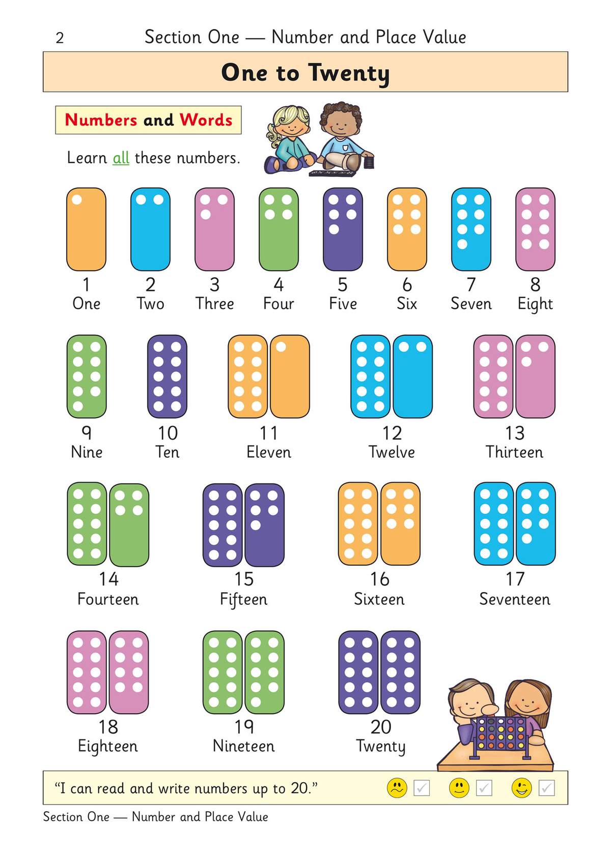 A colourful page showing numbers 1 to 20 with domino-style visuals to help children learn number names and quantities