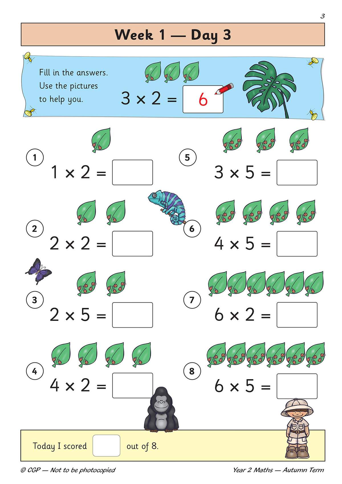 Children fill in answers to eight multiplication sums using pictures of leaves and animals to help them
