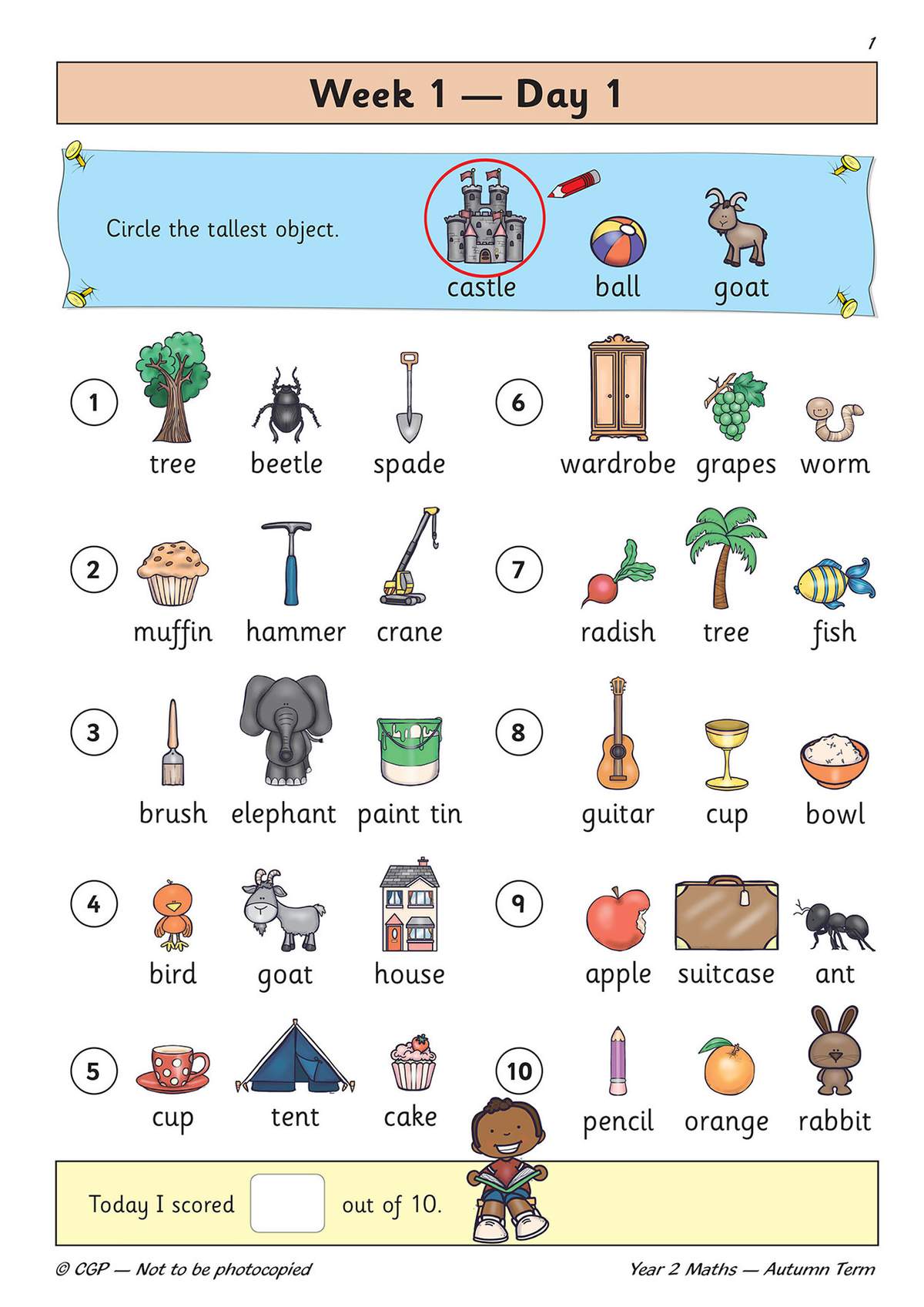 Children circle the tallest object in ten groups of pictures and write their score out of 10