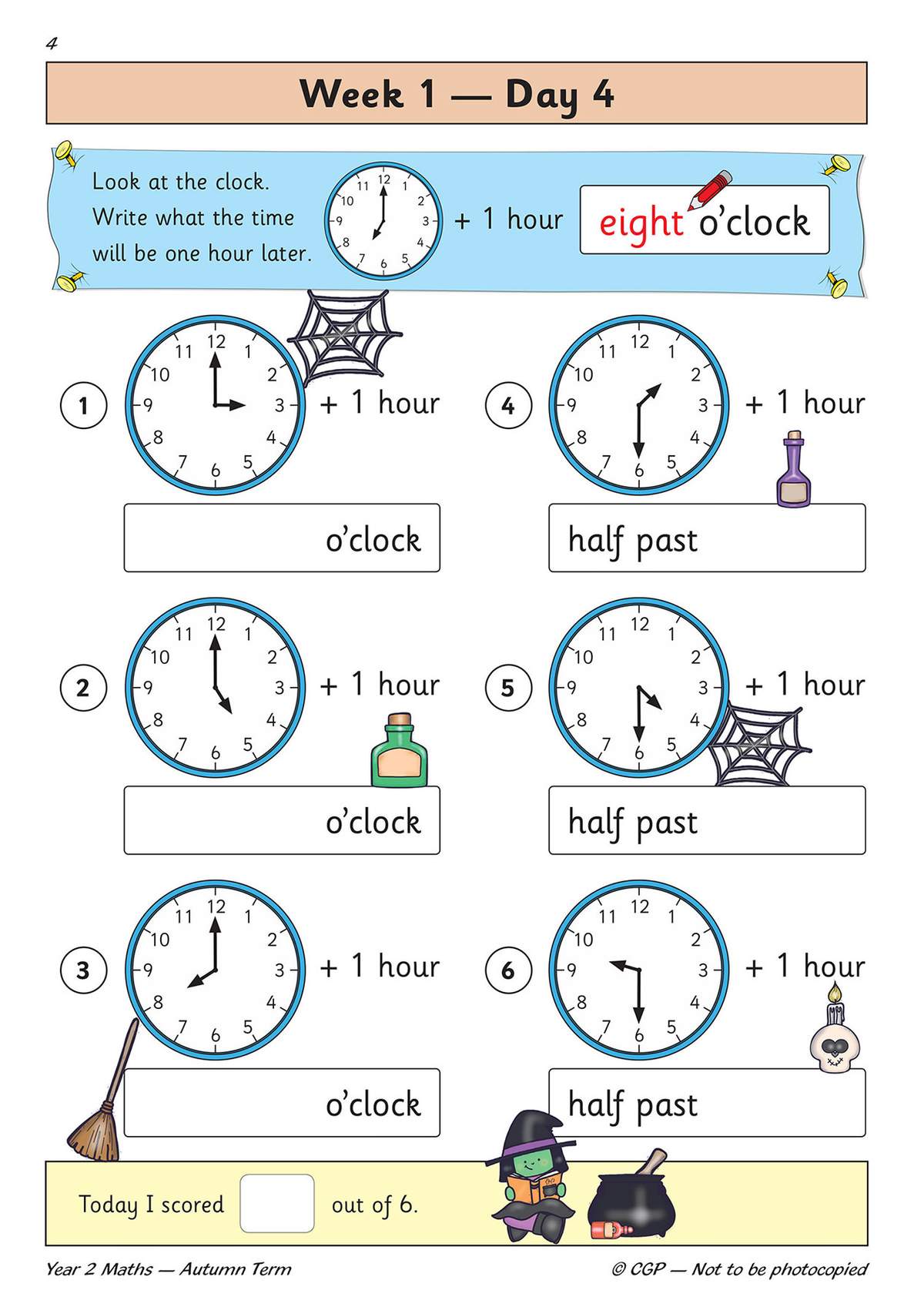 Children read clock faces, add one hour and write the new time in words, using Halloween-themed illustrations
