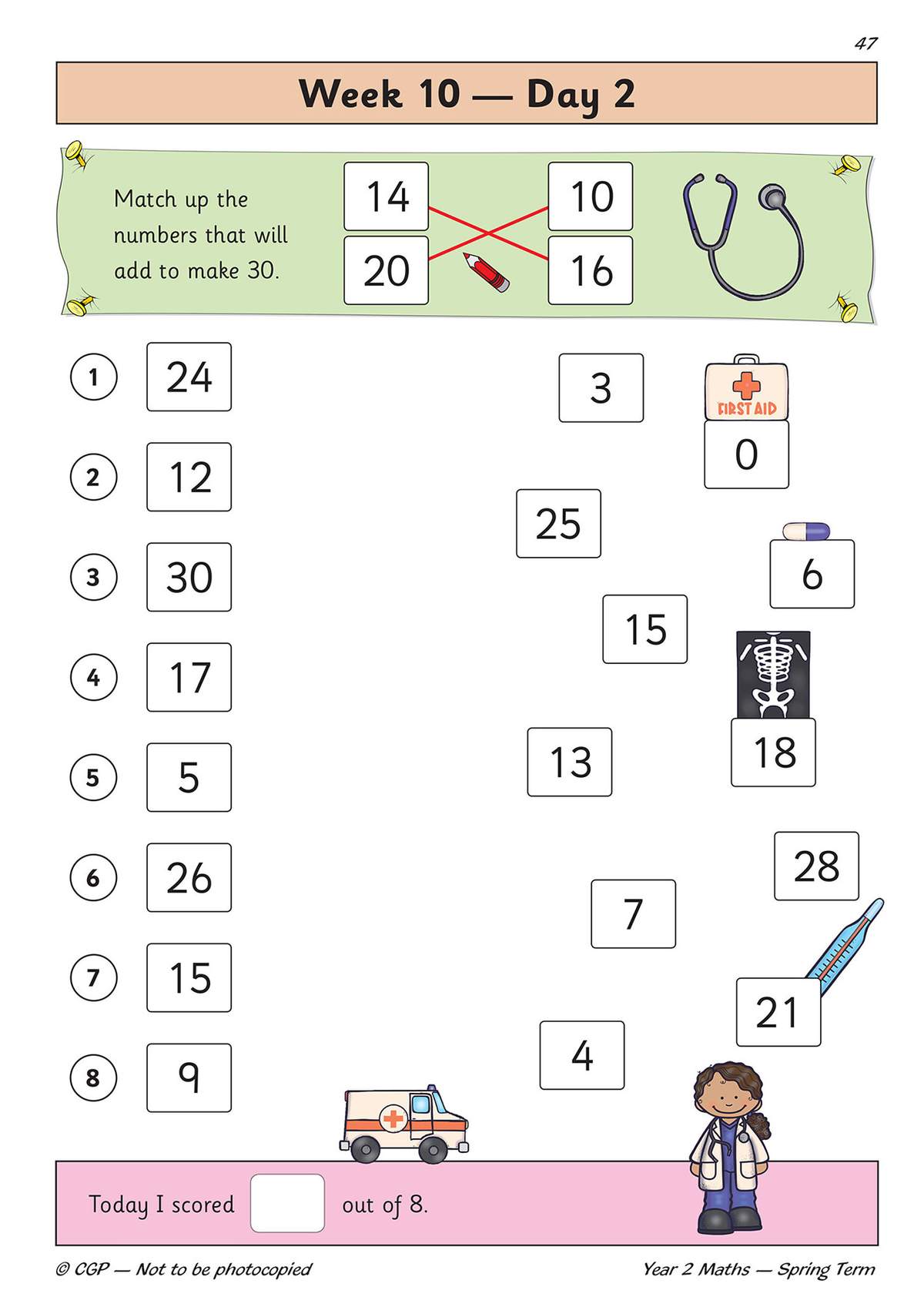 Children match numbers to make 30, then fill in their score out of 8 at the bottom