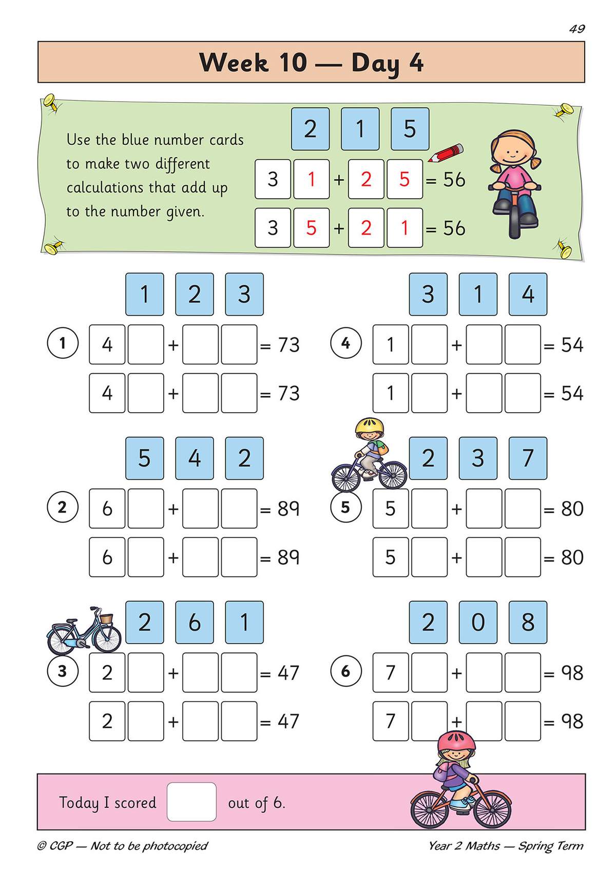 Children use digit cards to complete six addition sums, writing missing digits to reach the target totals