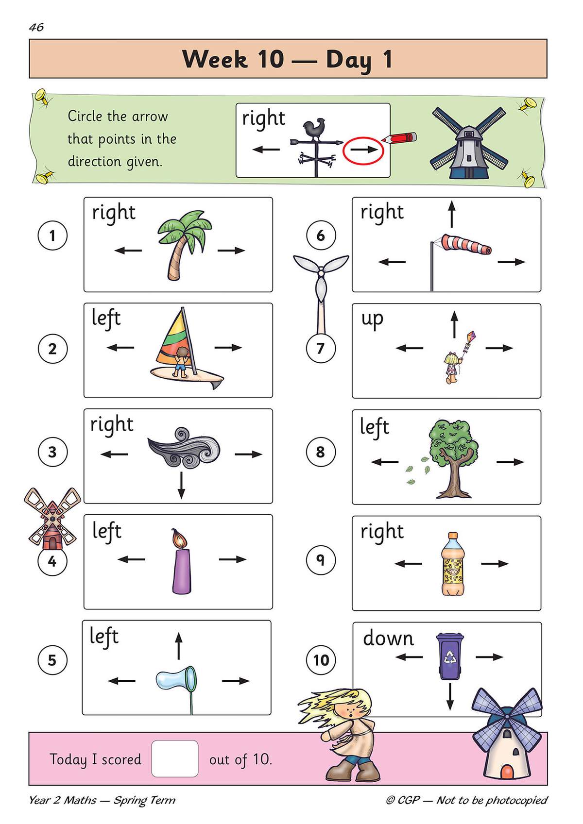 Ten exercises where children circle arrows to match directions like left, right, up and down