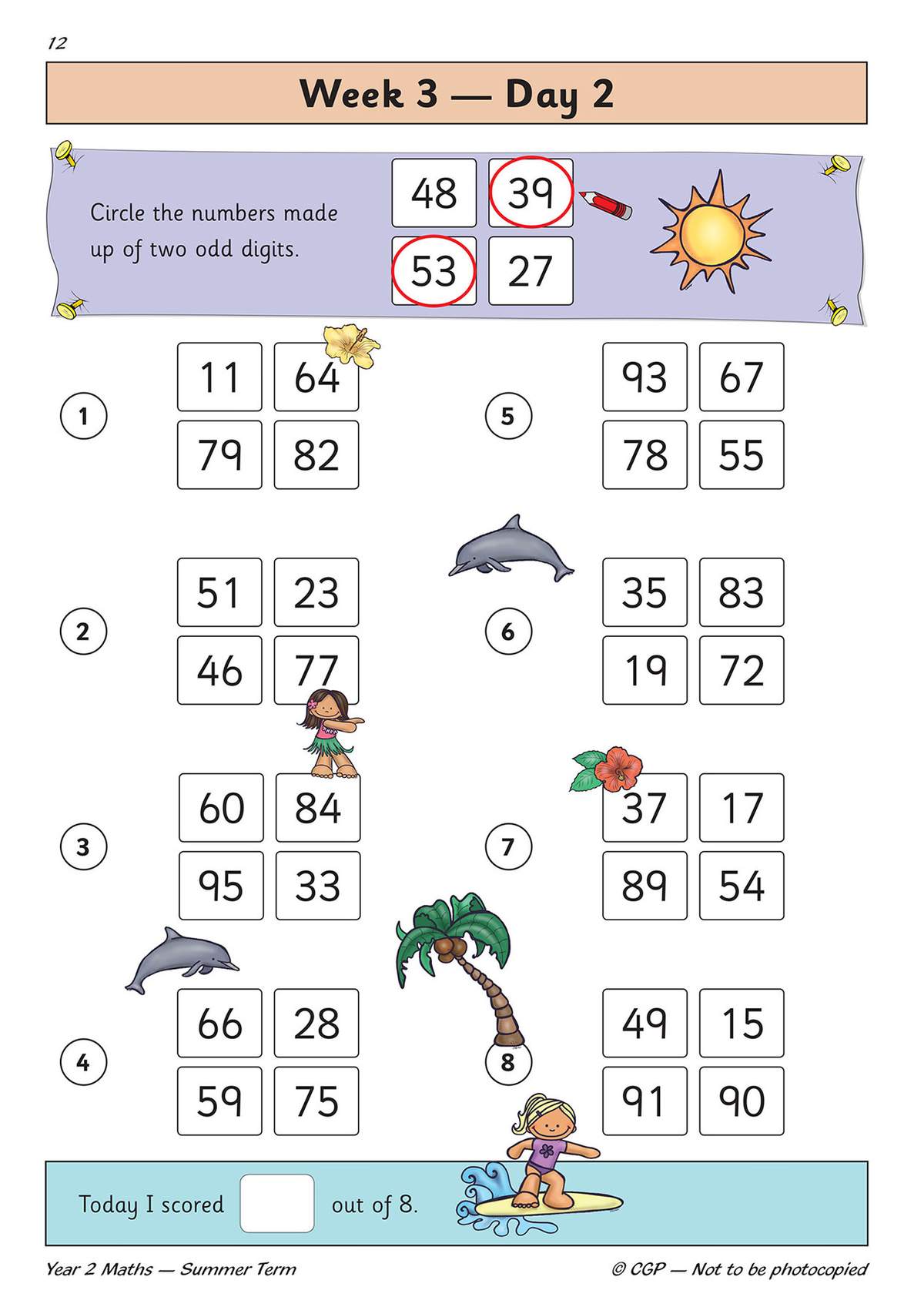 Children circle numbers made of two odd digits, then tick a box to record their score out of eight