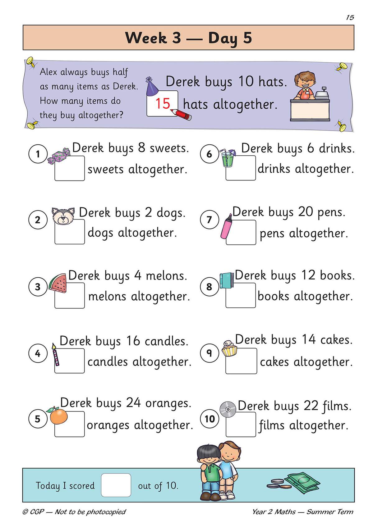 Ten word problems where children halve numbers to find totals, with a scoring box at the bottom