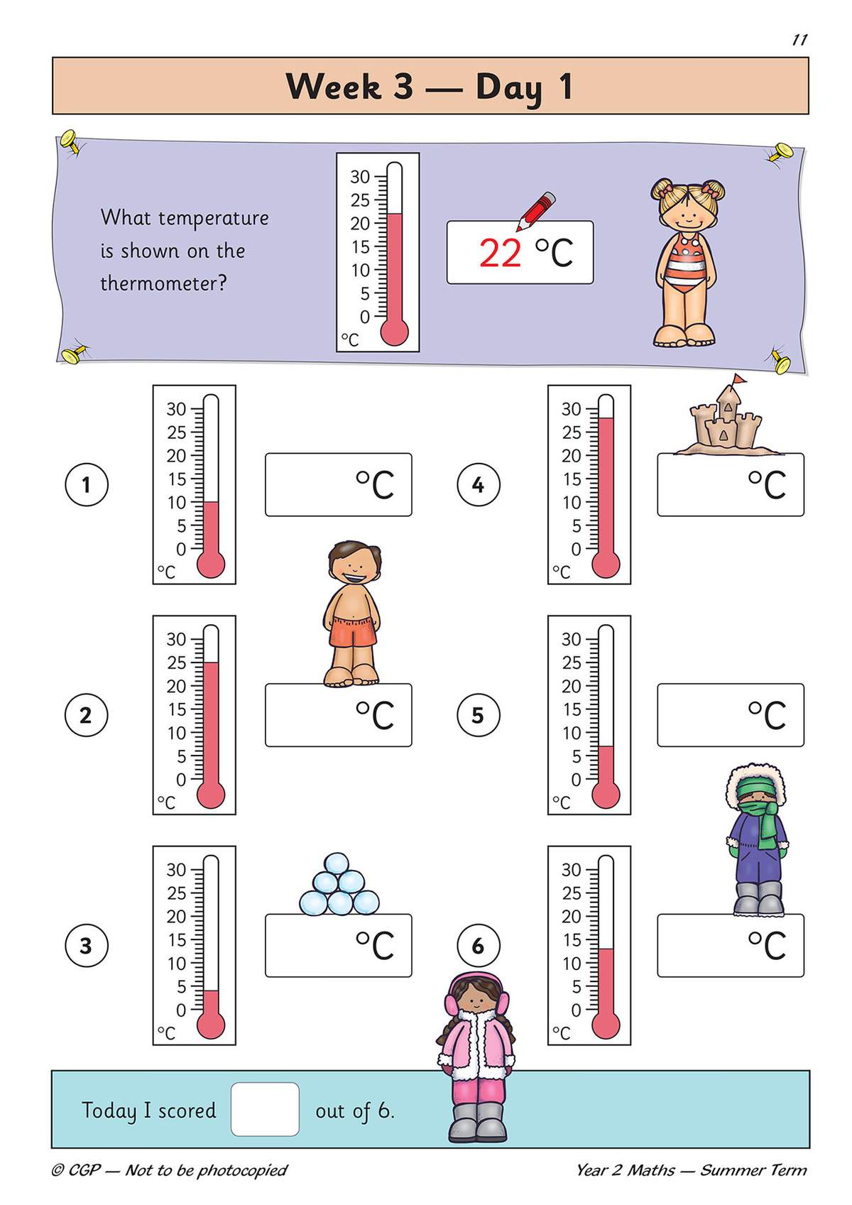 Children read six thermometer scales and write the temperature in boxes, then tick a box to record their score