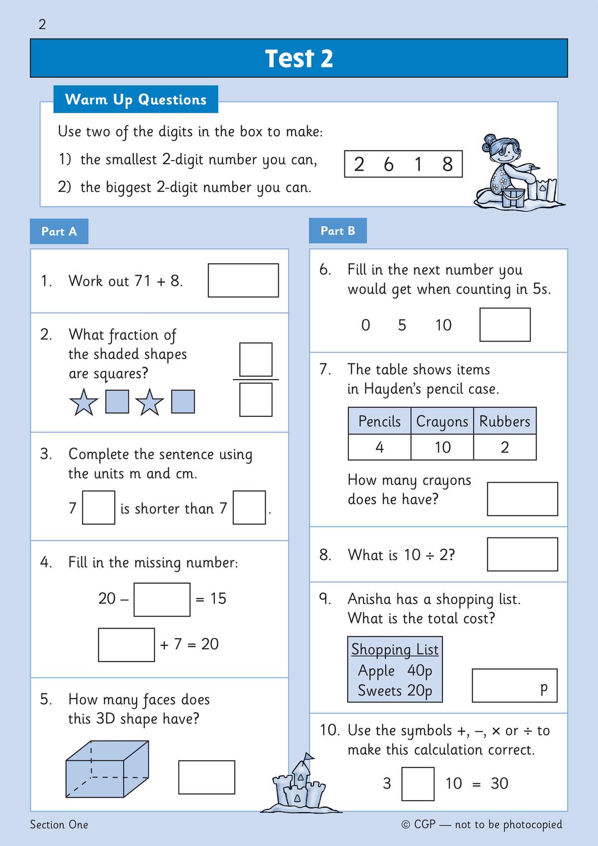 Ten questions on addition, subtraction, fractions and shapes, with boxes to write answers in