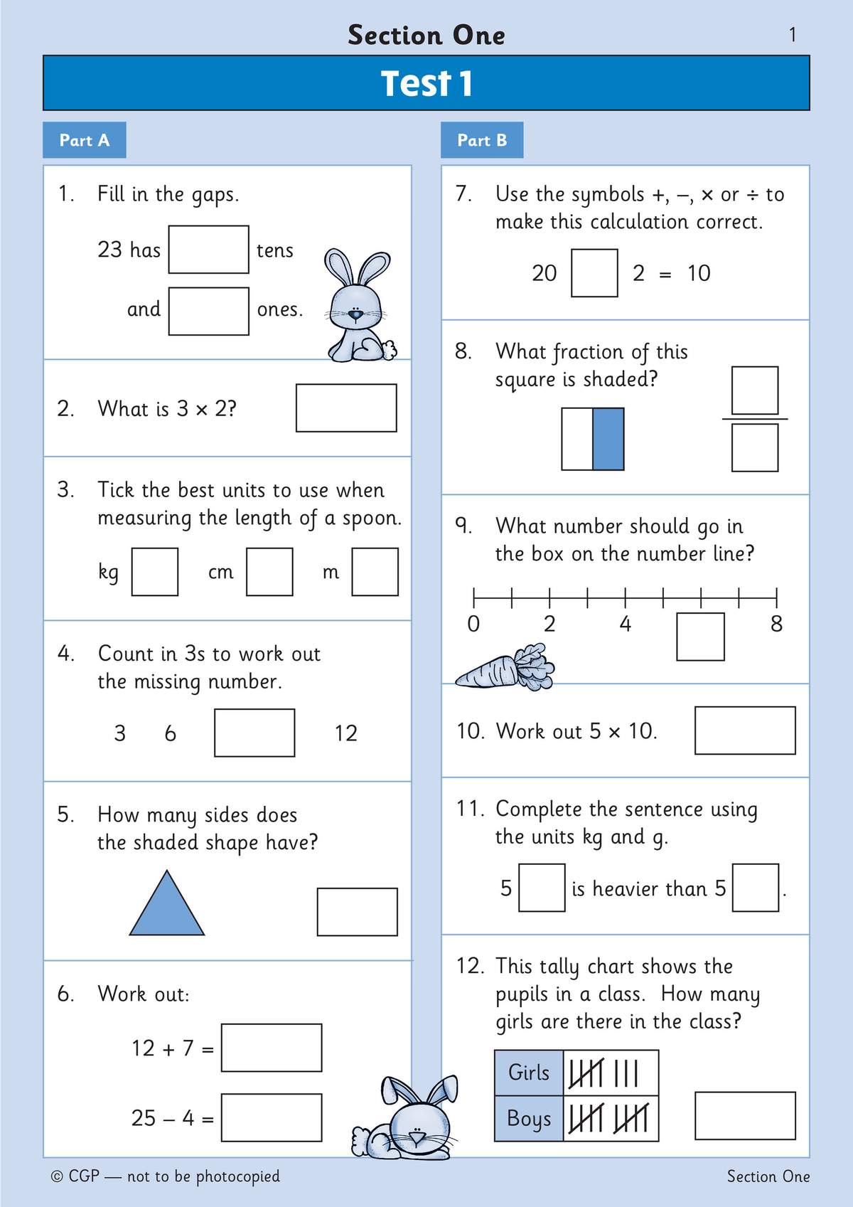 Twelve mental maths questions on place value, multiplication, measurement and number lines, with boxes to fill in