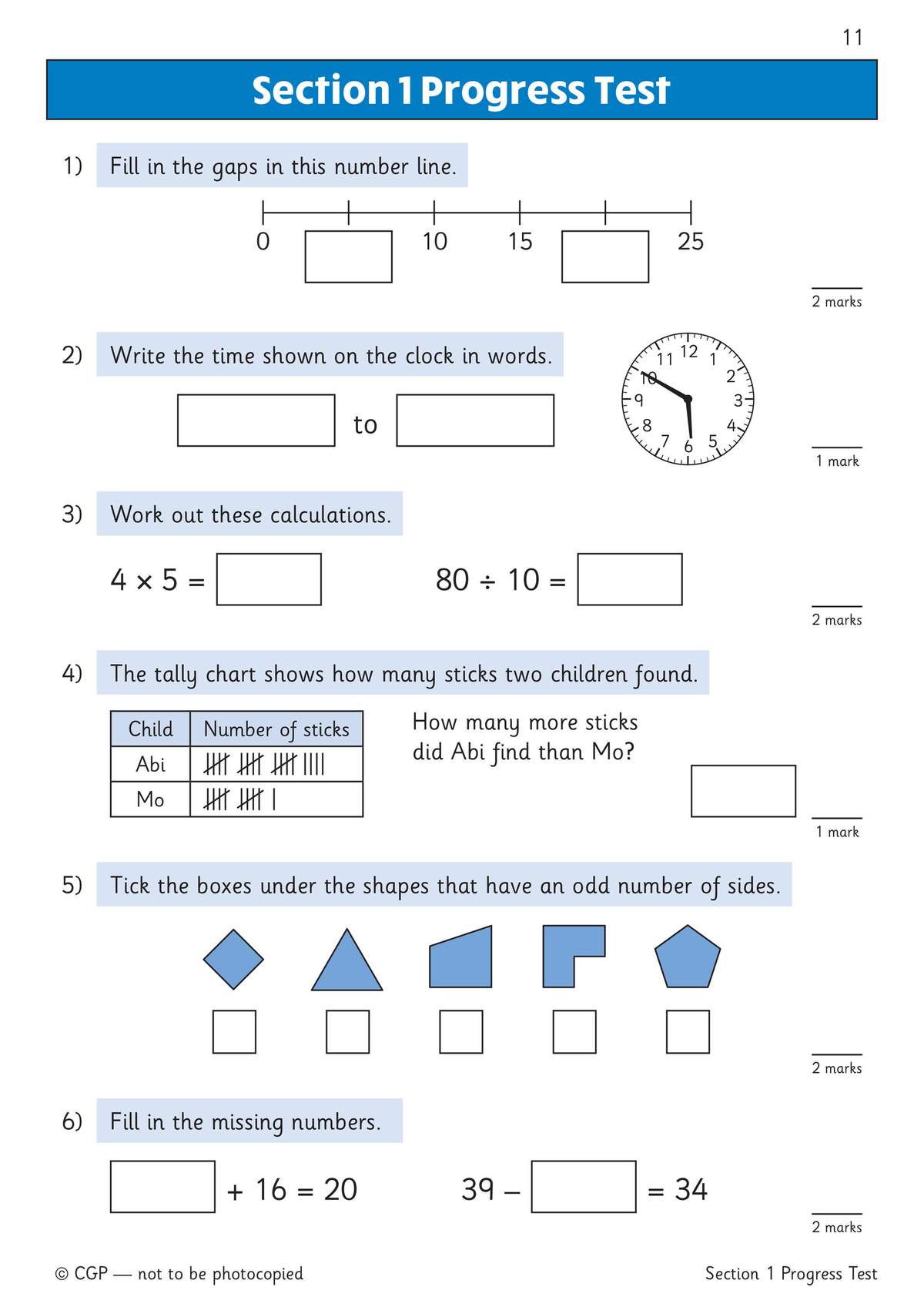 A progress test with six questions covering number lines, time, multiplication, division, tally charts and shapes