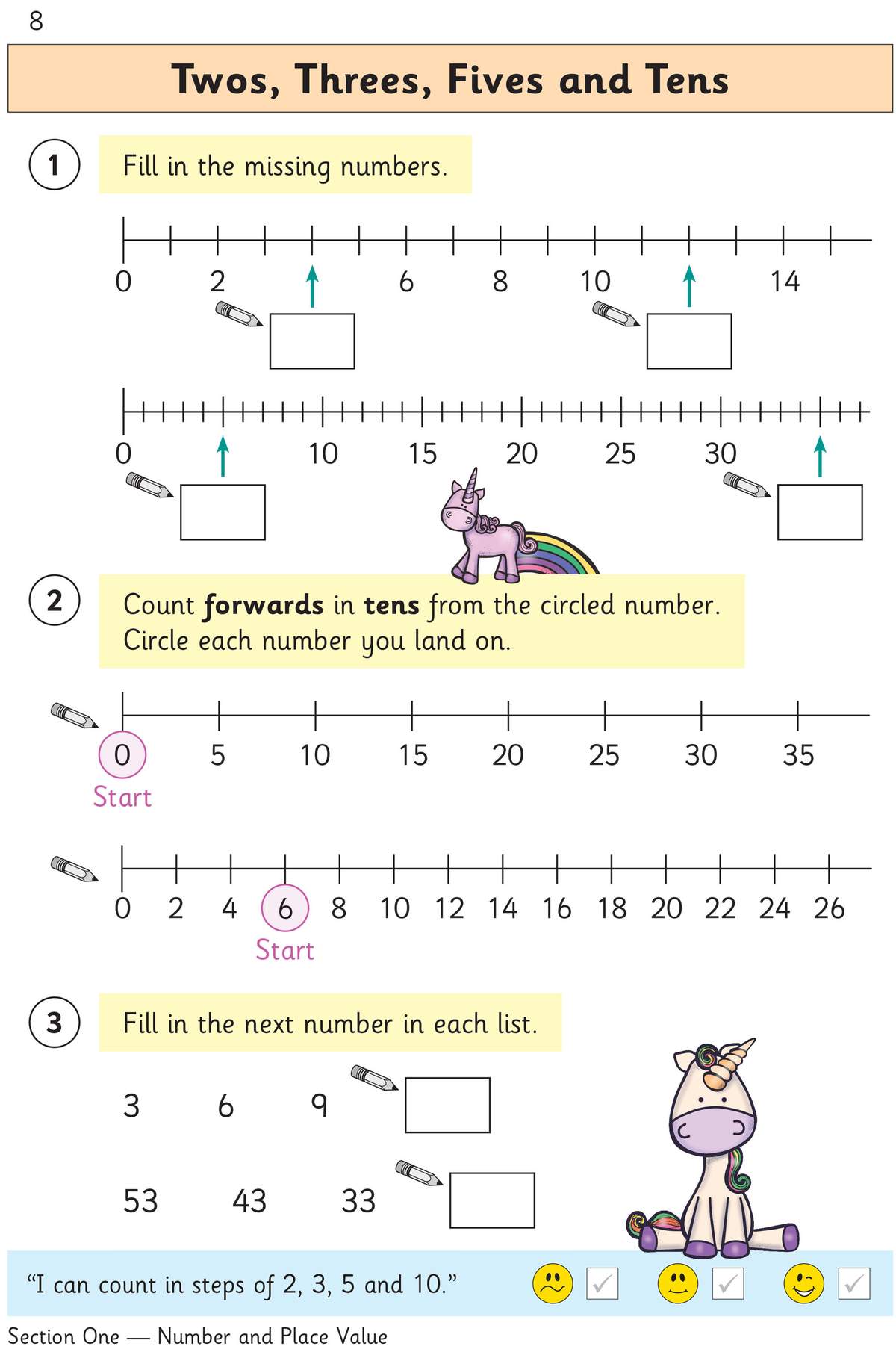 Children fill in missing numbers on number lines and circle numbers when counting in tens, then complete number sequences