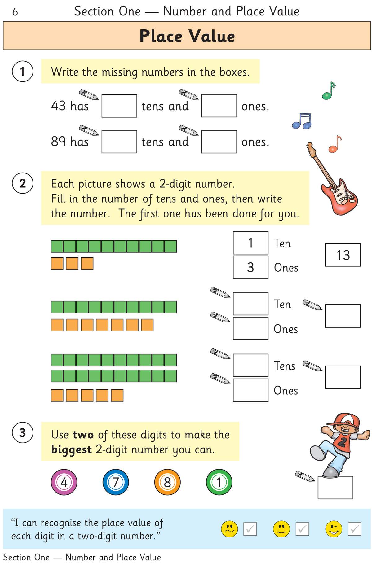 Children write missing tens and ones, count blocks to form numbers, and make the biggest two-digit number from given digits