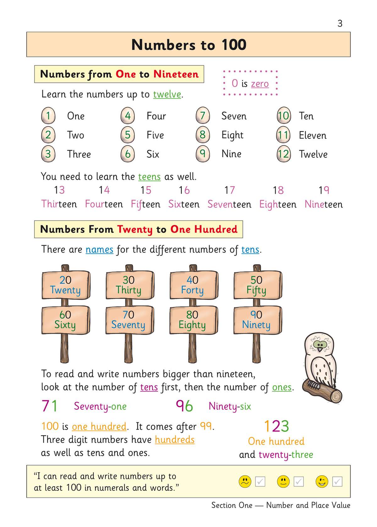 Clear notes on numbers up to 100, with illustrated signs for tens and a cartoon owl to make learning numbers to 100 engaging