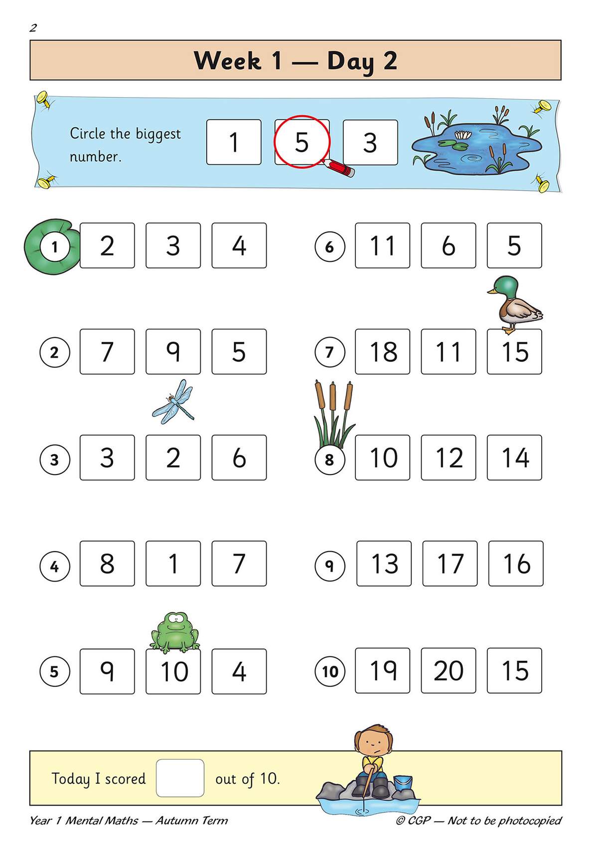 Ten questions ask children to circle the biggest number from three options, with a self-score box at the bottom