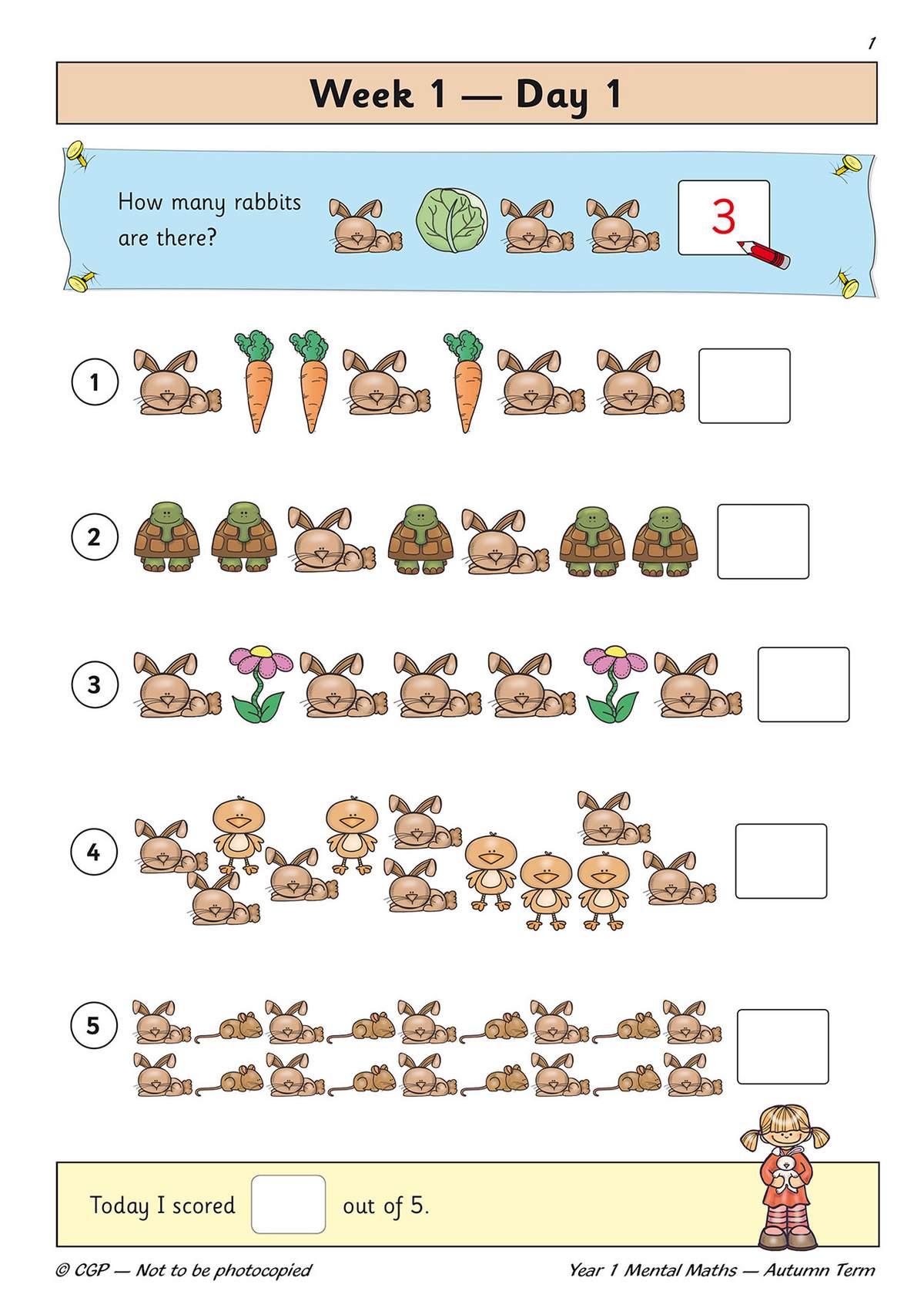 Children count rabbits and other animals in five rows, write the totals in boxes and tick a score at the bottom