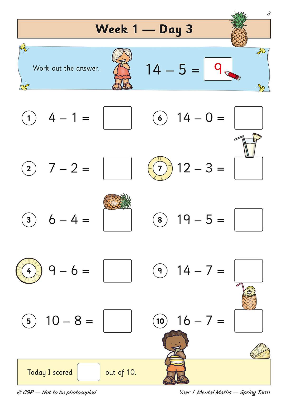 Ten subtraction sums to solve, with boxes to write answers and a score tracker at the bottom