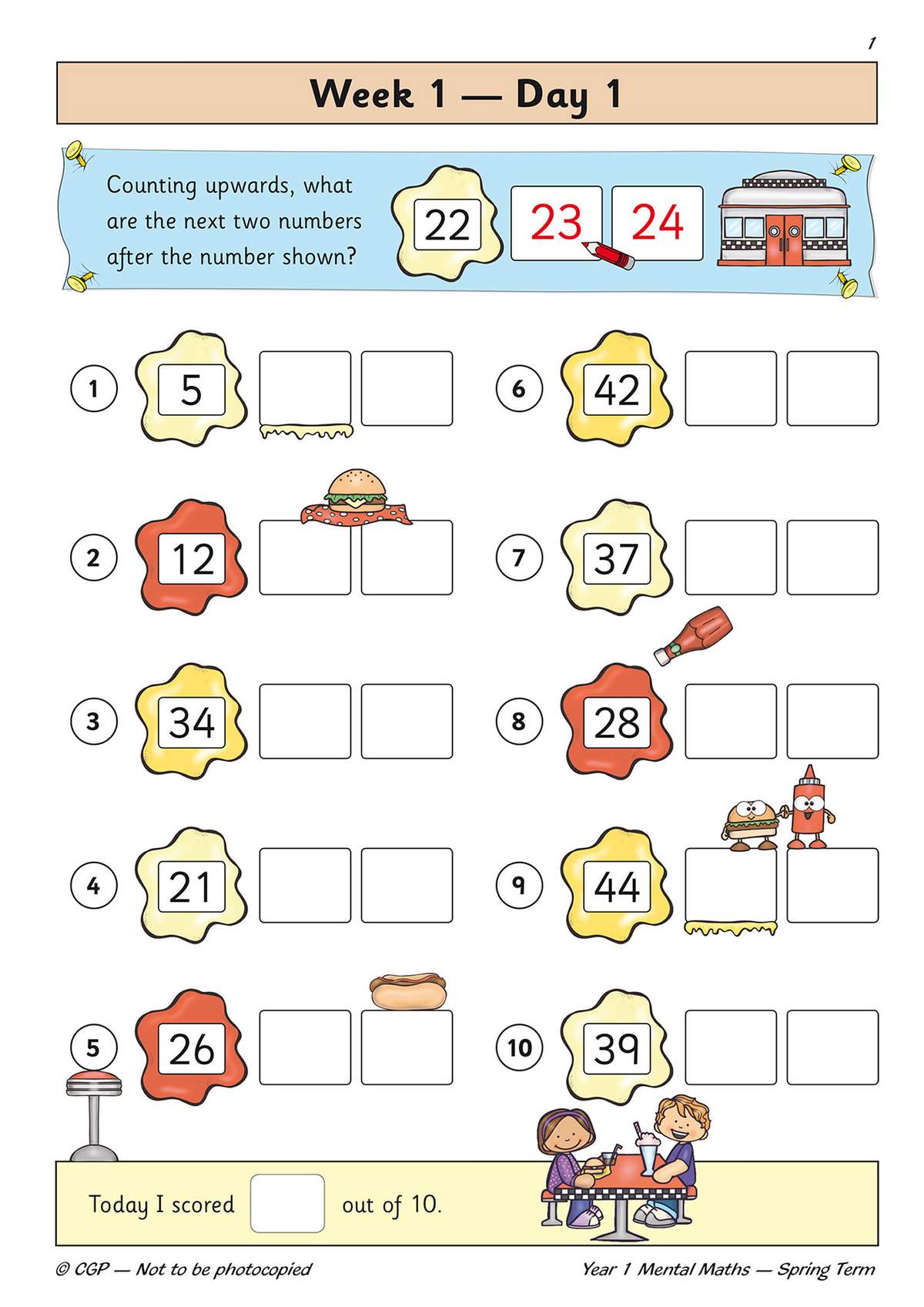 Children write the next two numbers after each given number, practising counting forwards in a fun restaurant theme