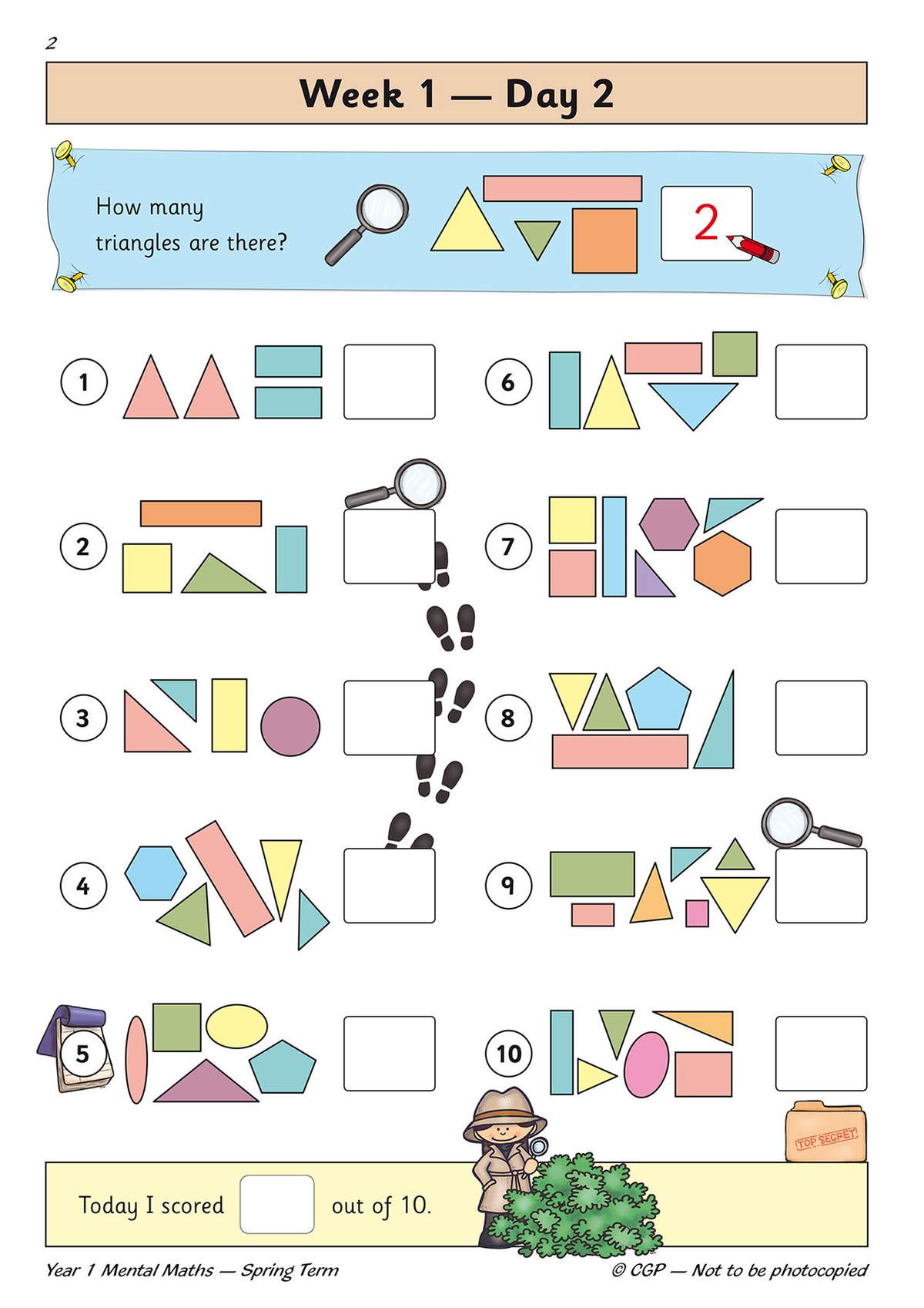 Children count triangles and other shapes in ten groups, writing the total in a box, then score their work out of 10
