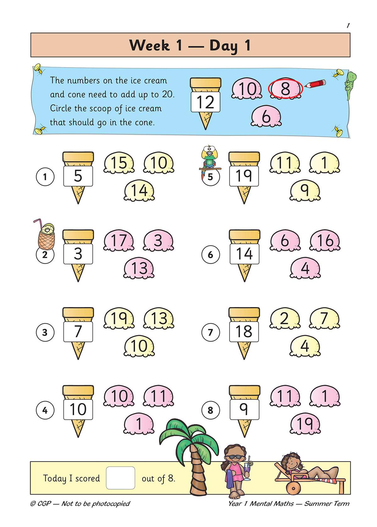 Children circle the correct ice cream scoop to make 20 with the cone number, practising quick addition