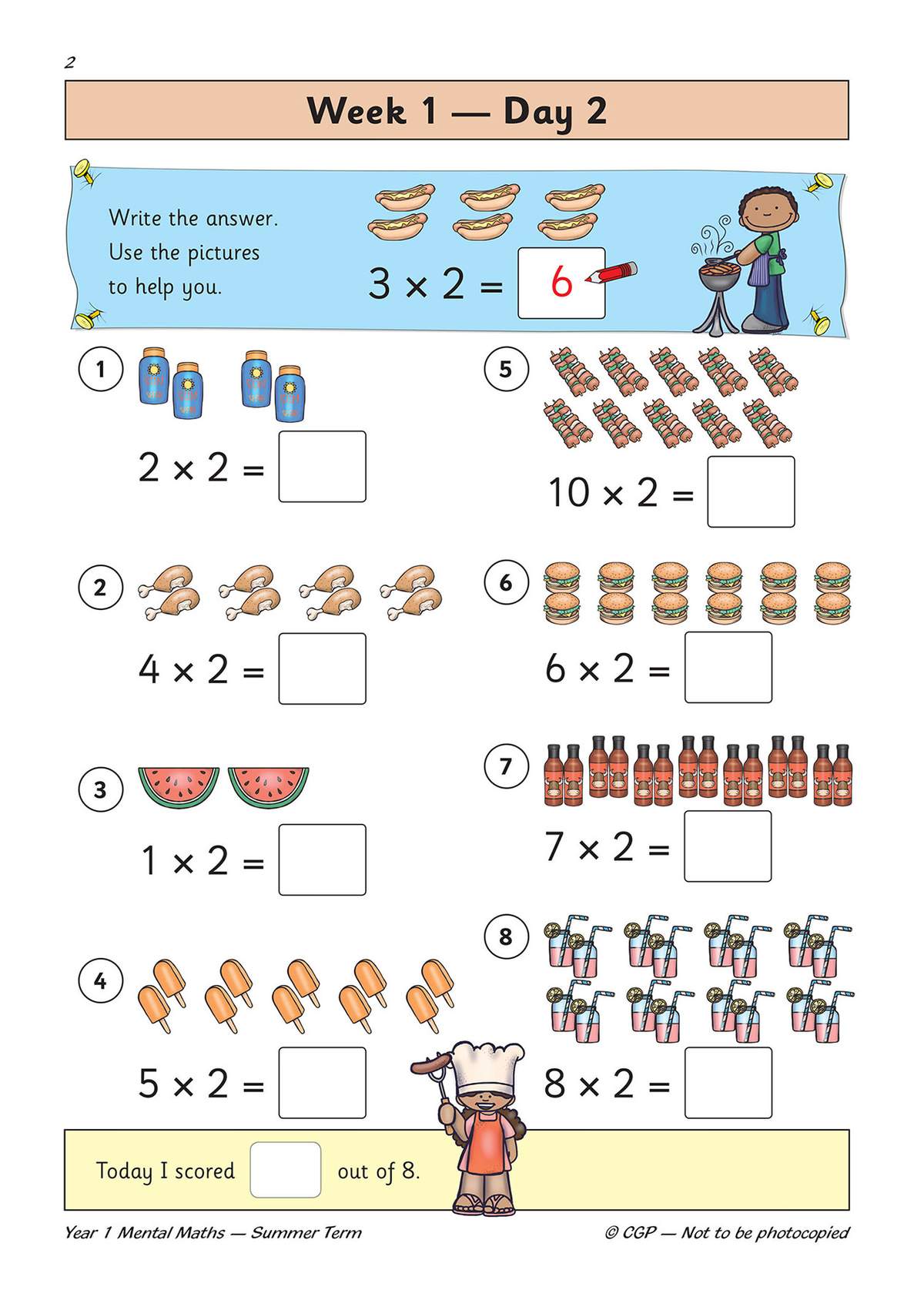 Children write the answers to eight multiplication problems using pictures of food and drinks to help them