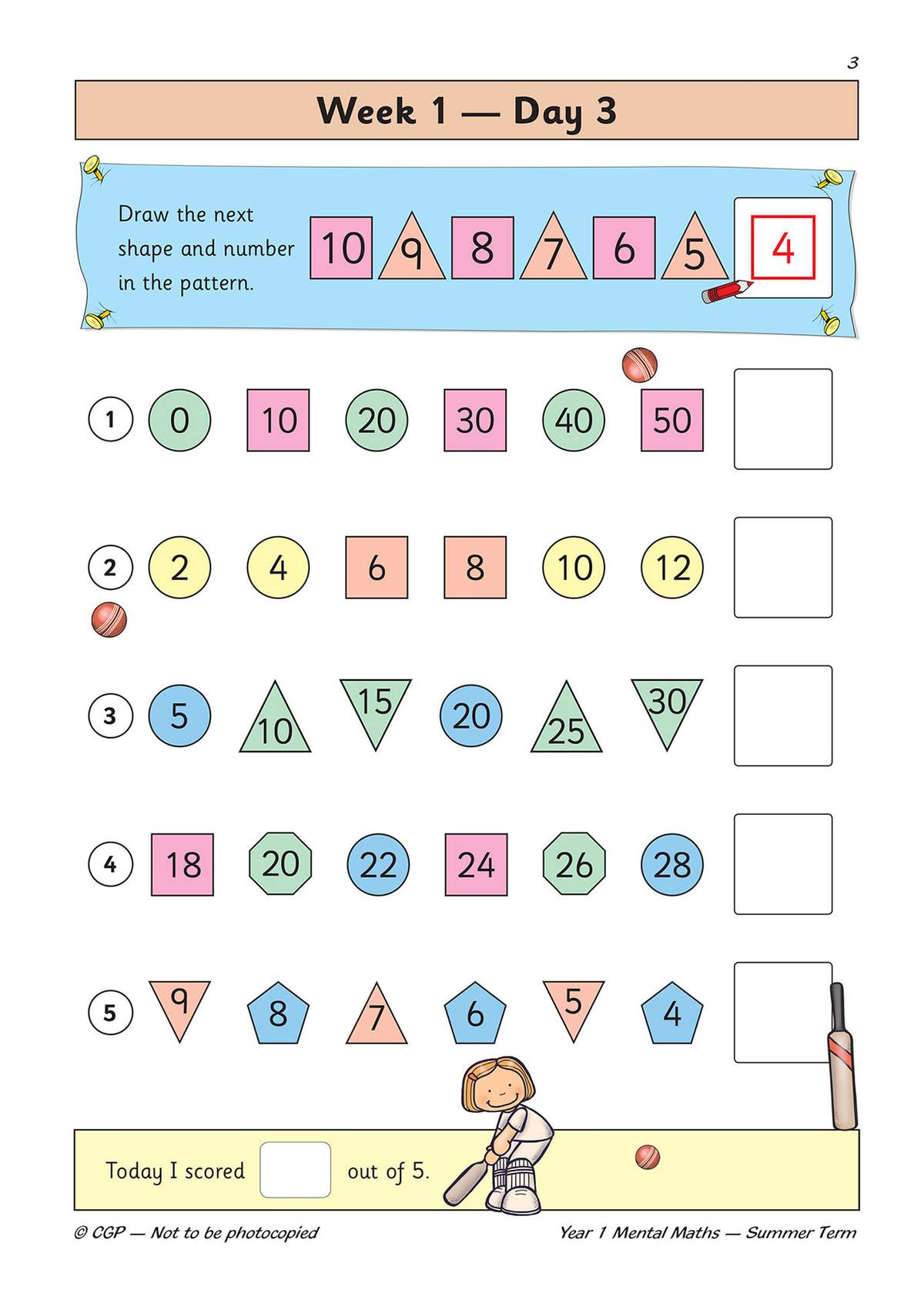 Children complete five number pattern exercises and draw the next shape and number in a sequence