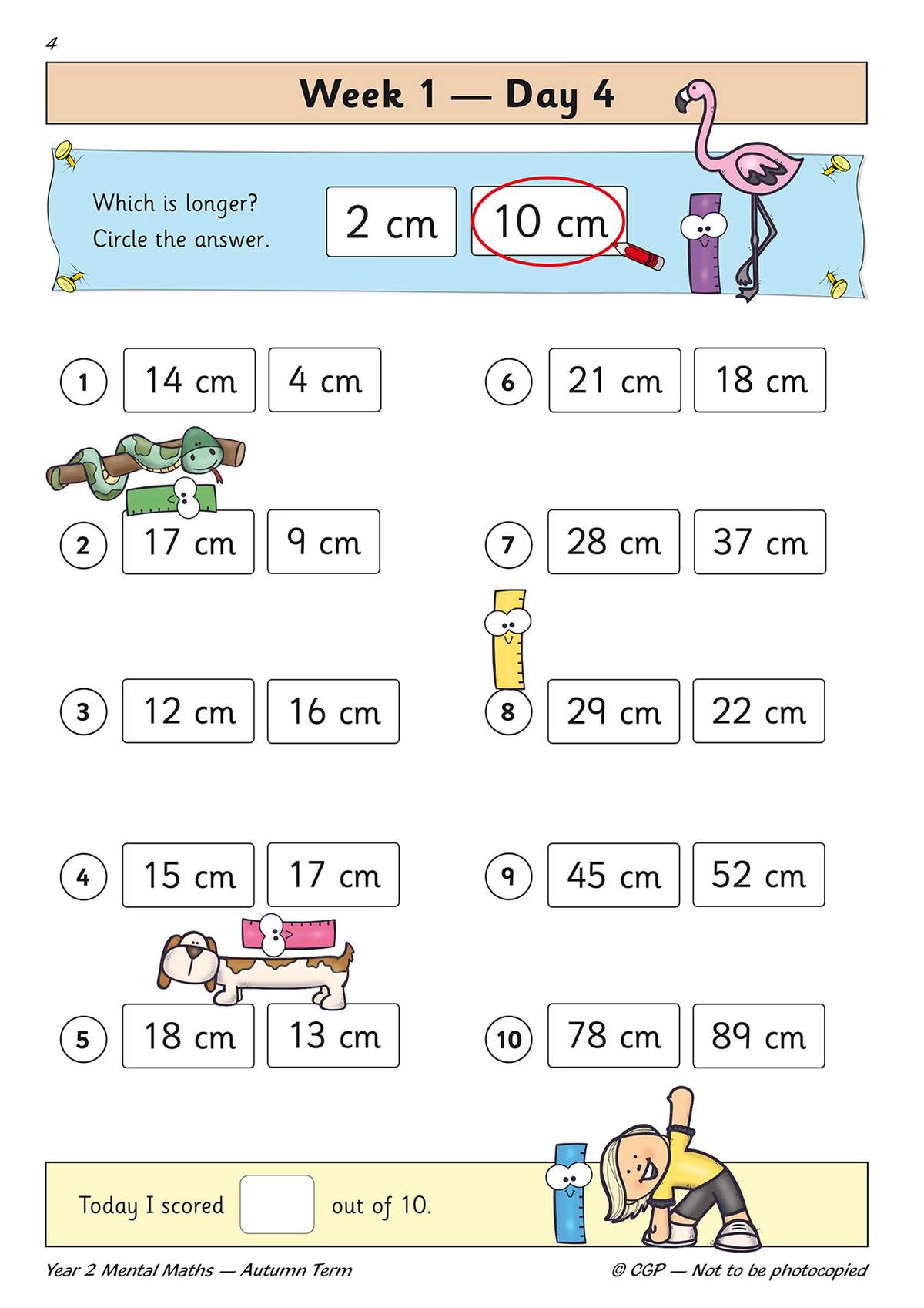Children circle the longer length in ten pairs of centimetre measurements, with a self-score box at the bottom