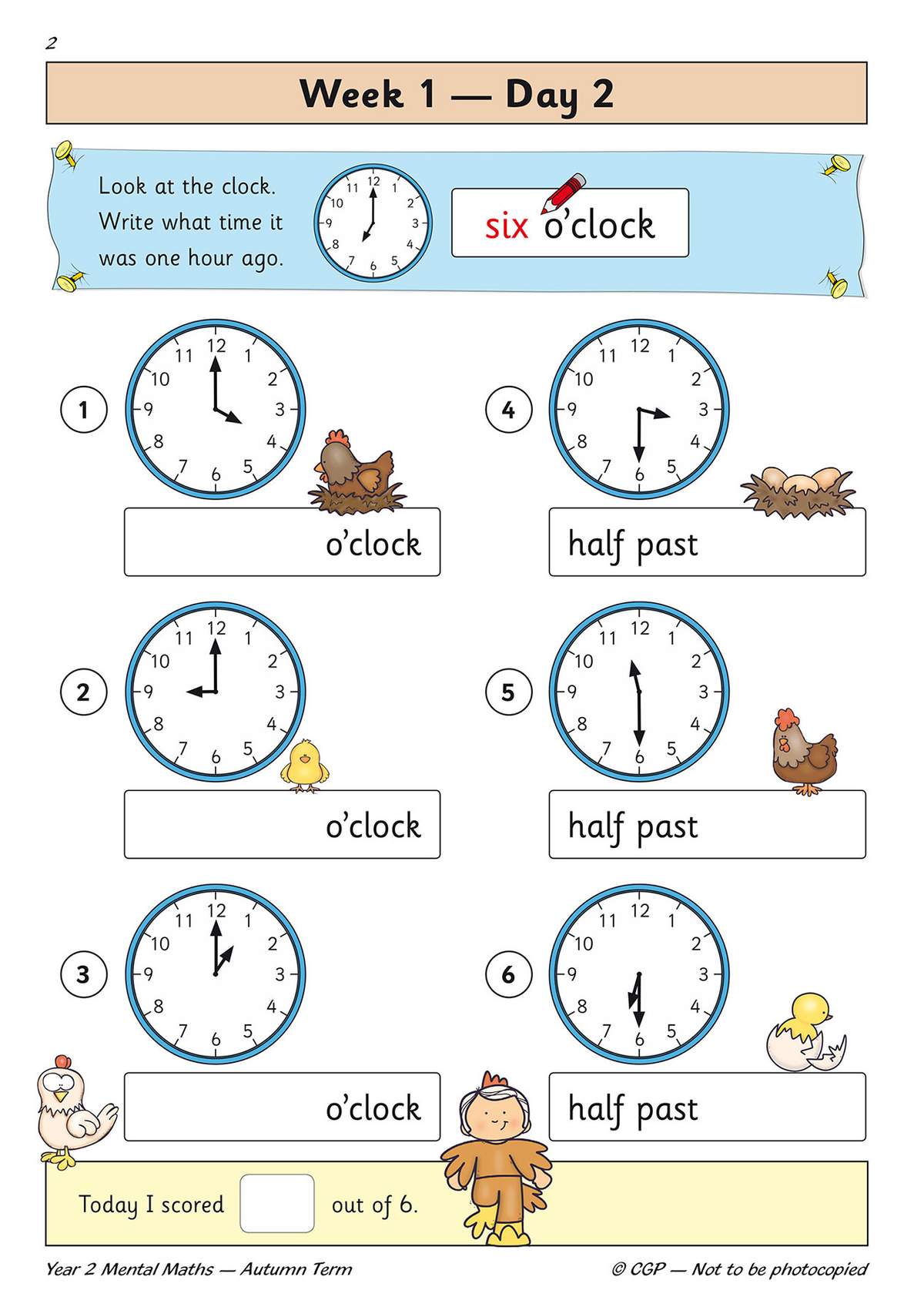 Children read six clocks showing o'clock and half past times, then write the time in words