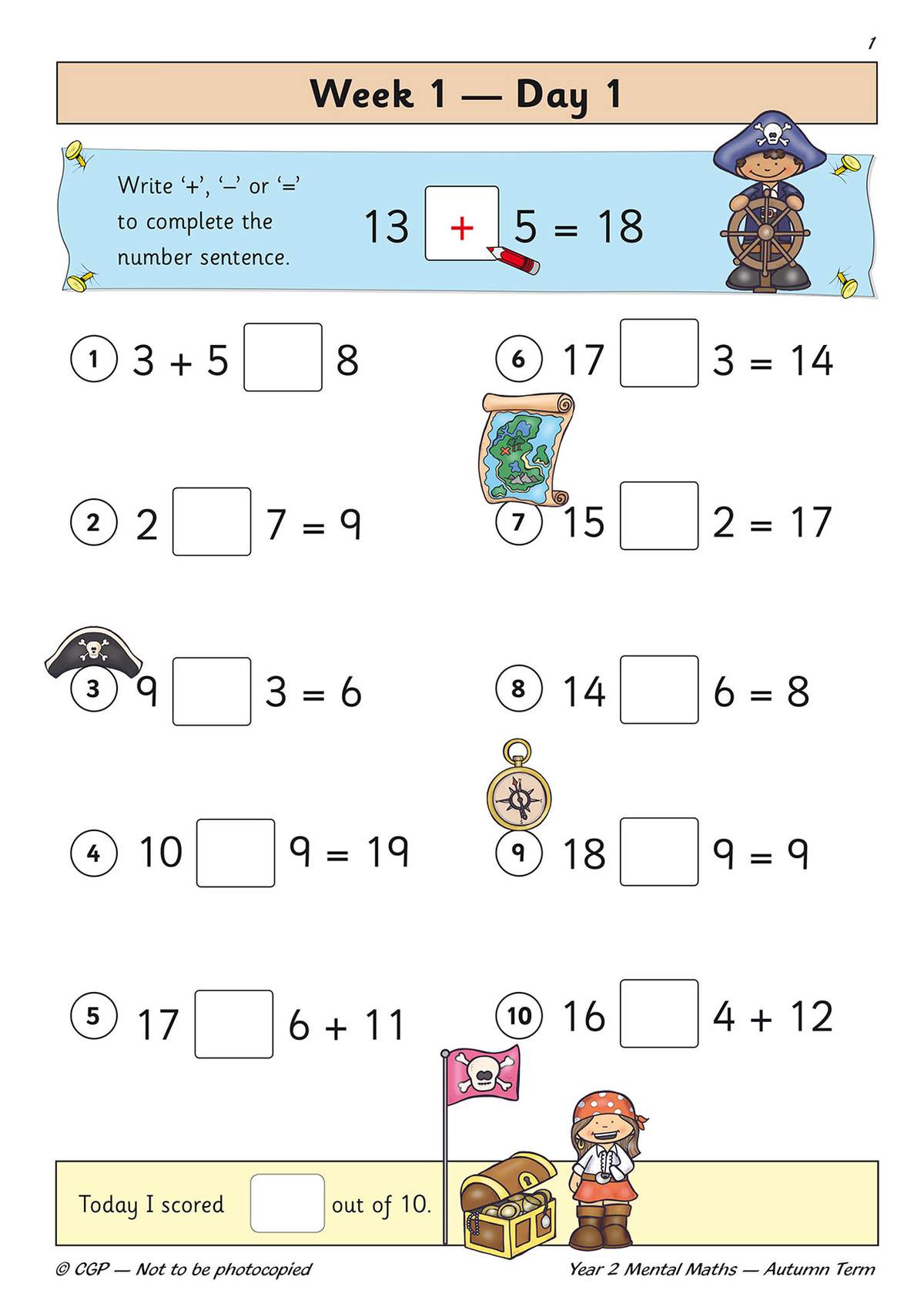 Children choose +, - or = to complete ten number sentences, with pirate-themed illustrations and a self-scoring box