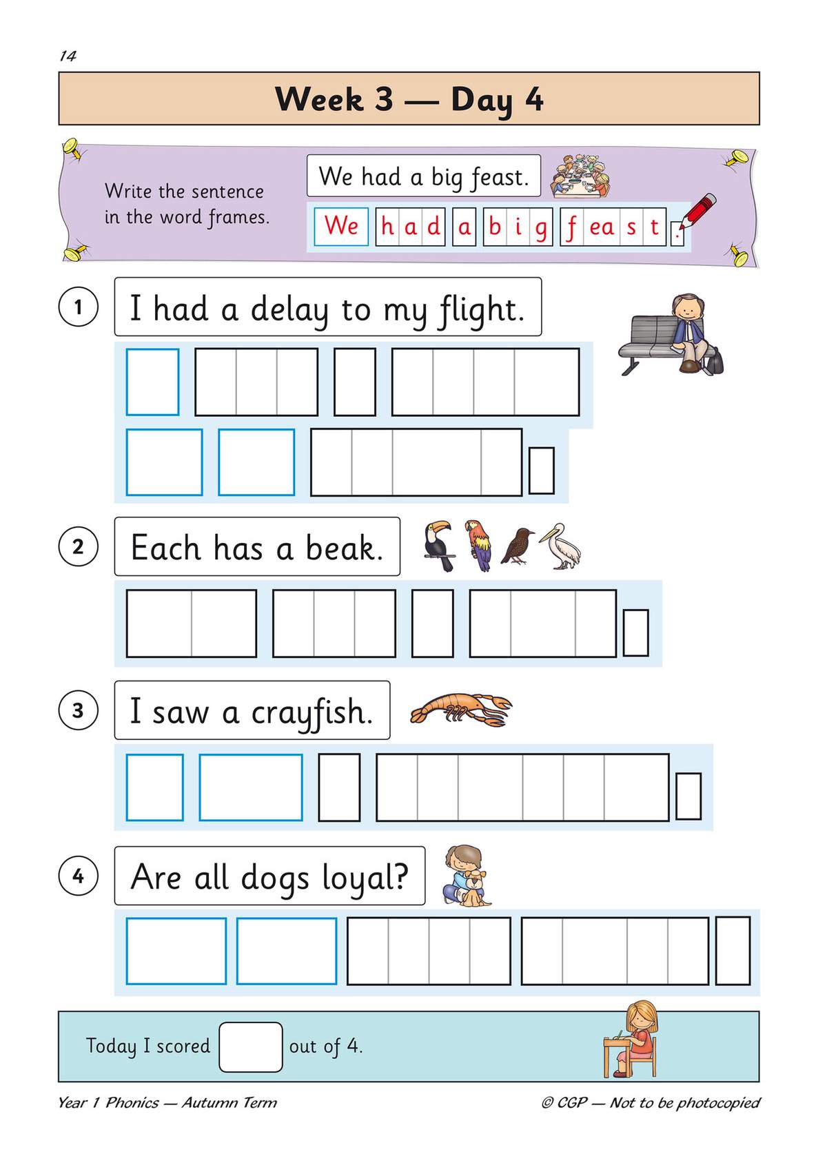Children write four sentences into letter boxes, practising phonics sounds and handwriting