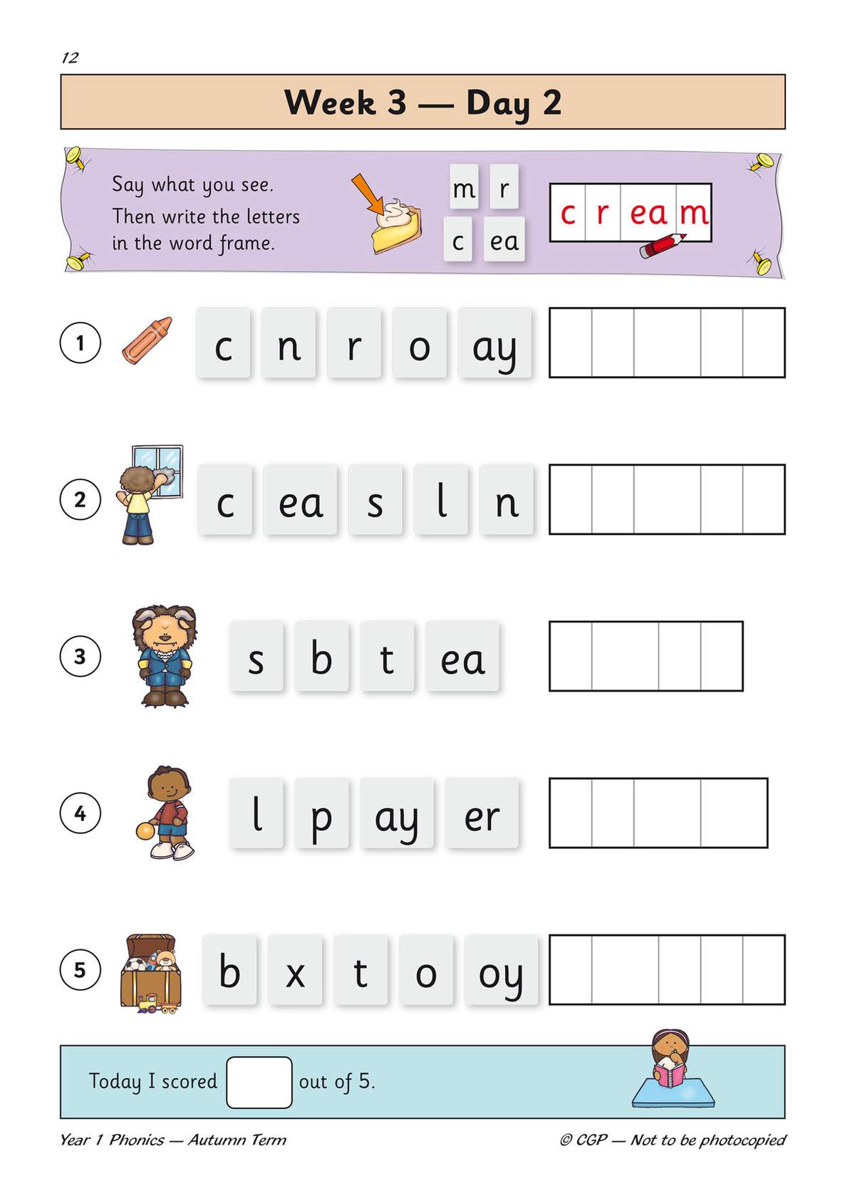 Children blend letter tiles to spell five words, then write them in boxes and tick a score