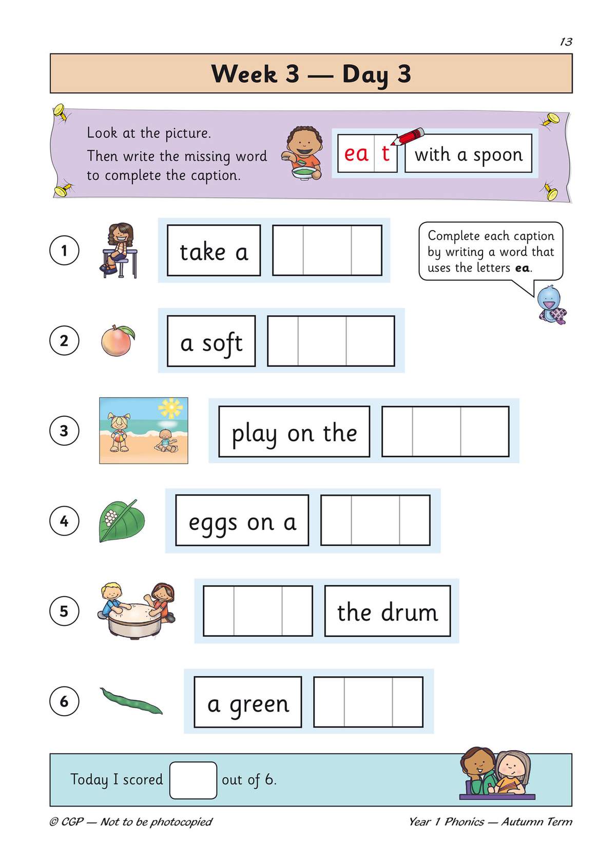 Children complete captions by writing words that use the 'ea' sound, with a self-scoring box at the bottom