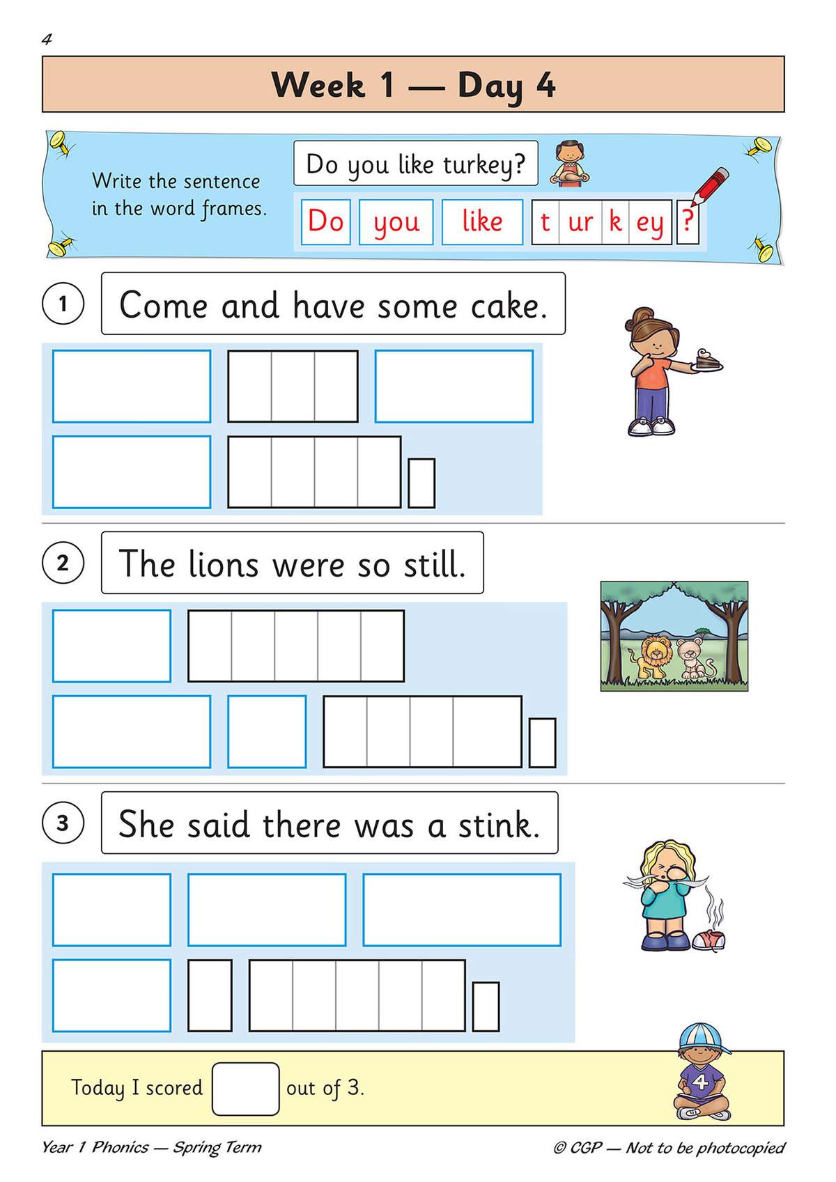 Children write sentences in word frames to practise segmenting words into phonemes for Year 1 phonics