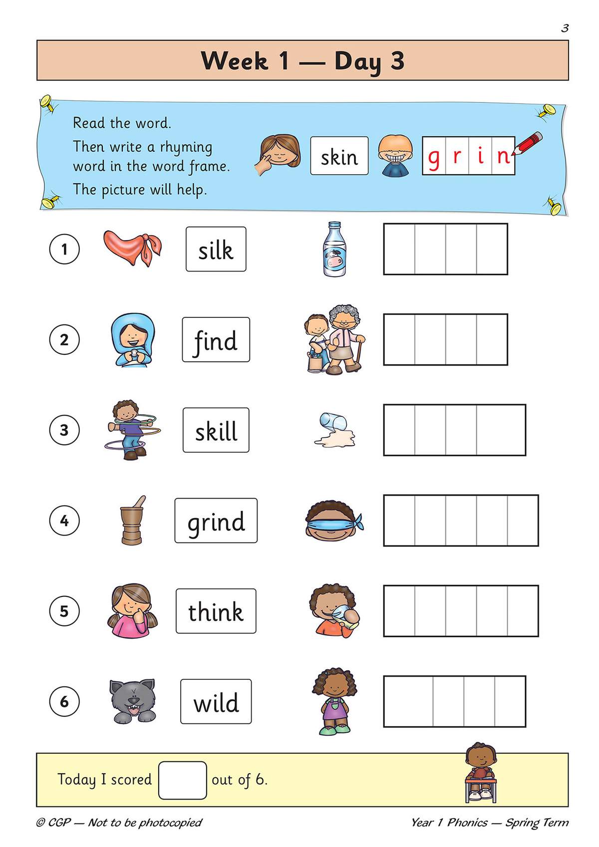 Children read words and write rhyming words in frames, using pictures to help them find the answer