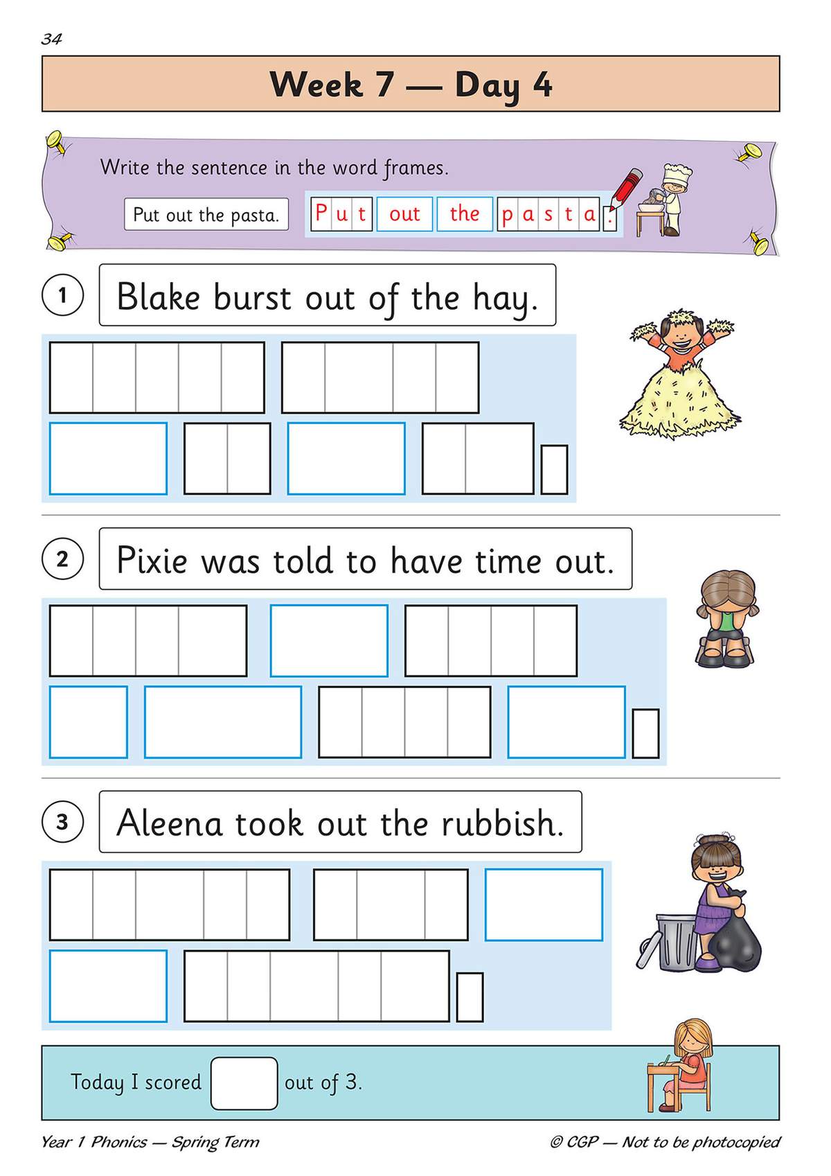 Children write sentences in letter boxes to segment words, then tick a score box at the bottom
