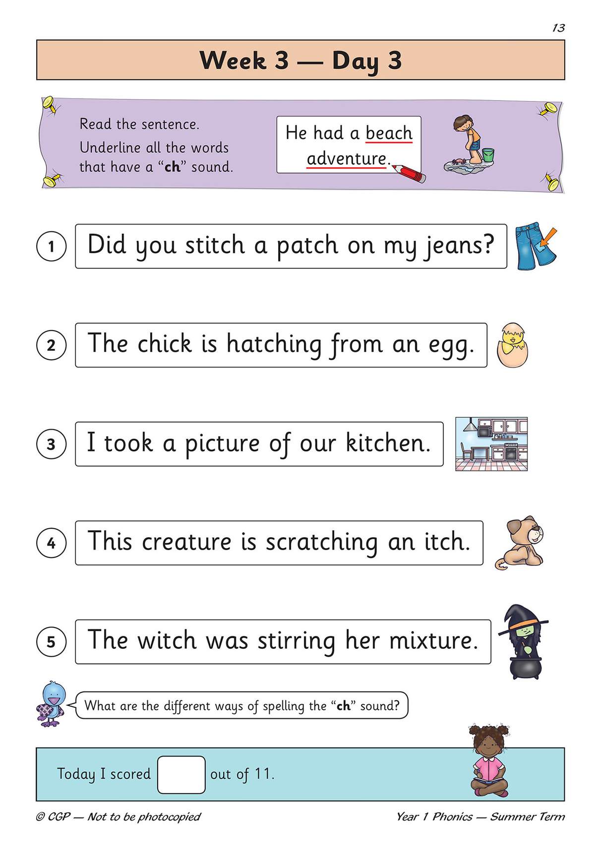 Children underline words with the ch sound, answer five sentences and write their score out of 11