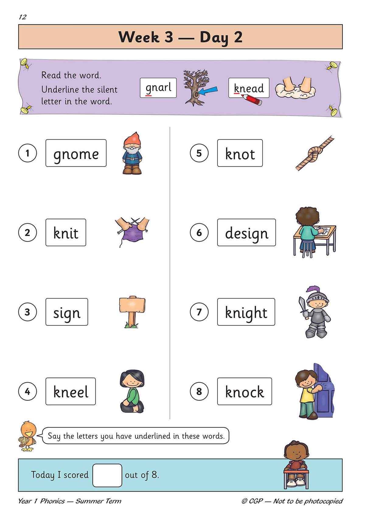 Children read eight words with silent letters, underline the silent ones, and write their score in a box