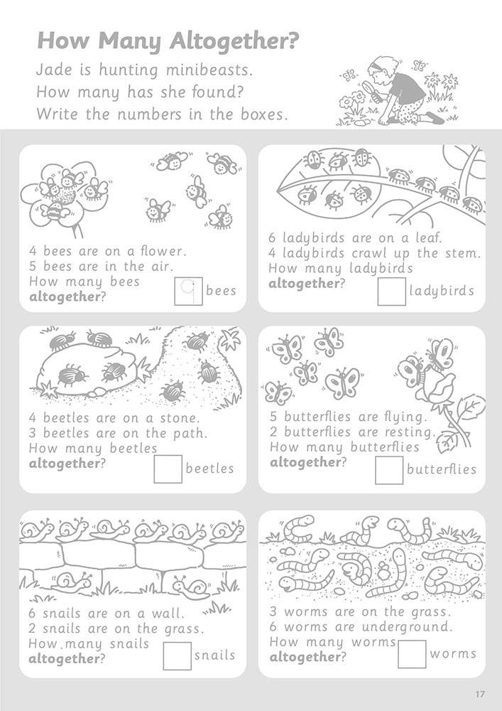 Six word problems ask children to add two numbers to find totals of bees, ladybirds, beetles, butterflies, snails and worms