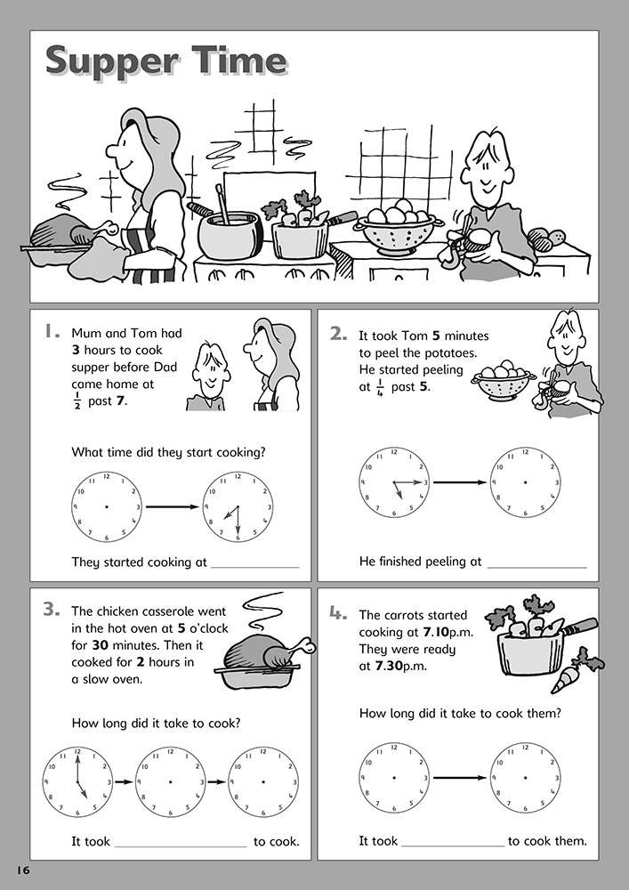 Four word problems about cooking times and durations, with clocks to complete and blanks to fill in