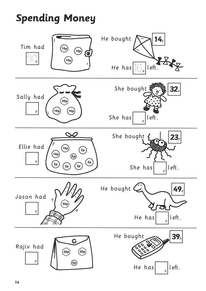 Children calculate how much money is left after buying items, filling in boxes with the correct amounts