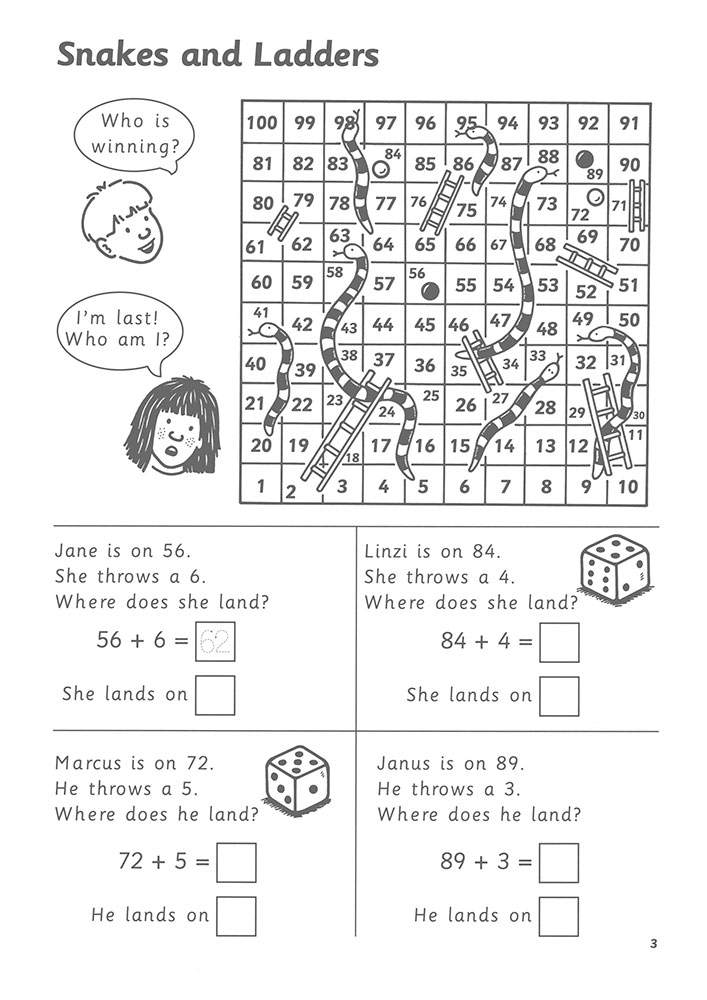 Children add dice rolls to starting numbers on a Snakes and Ladders board, then write the total and the square they land on