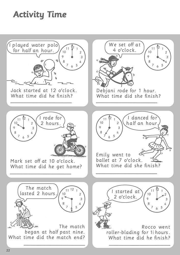 Six word problems ask children to calculate finish times given start times and durations, using clocks and simple text