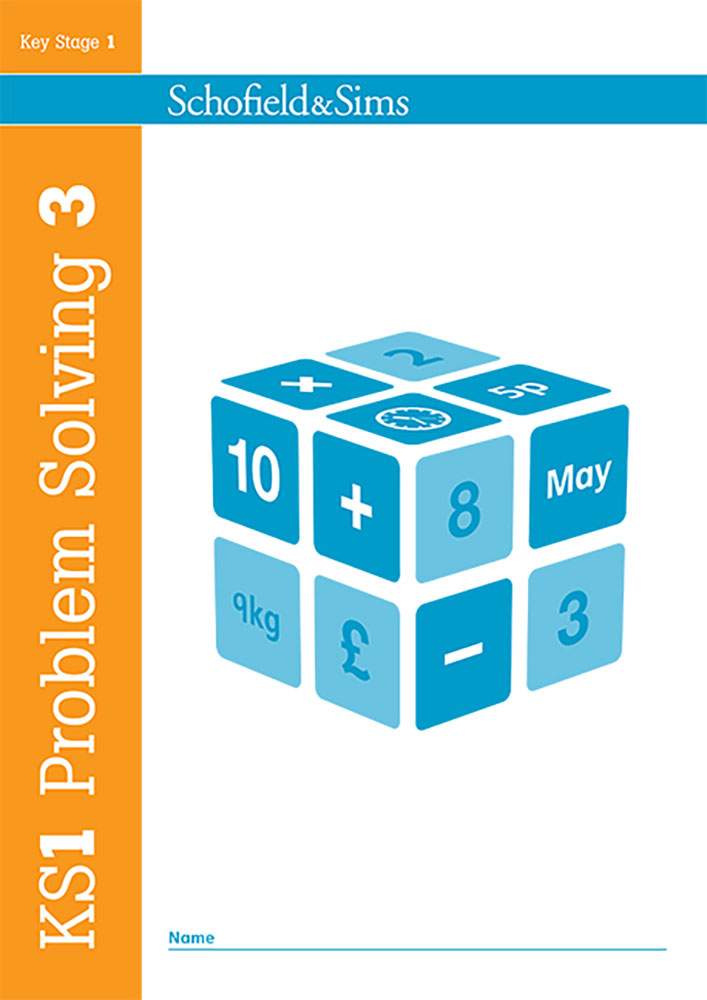The front cover of KS1 Problem Solving 3, featuring a large blue cube with numbers and symbols