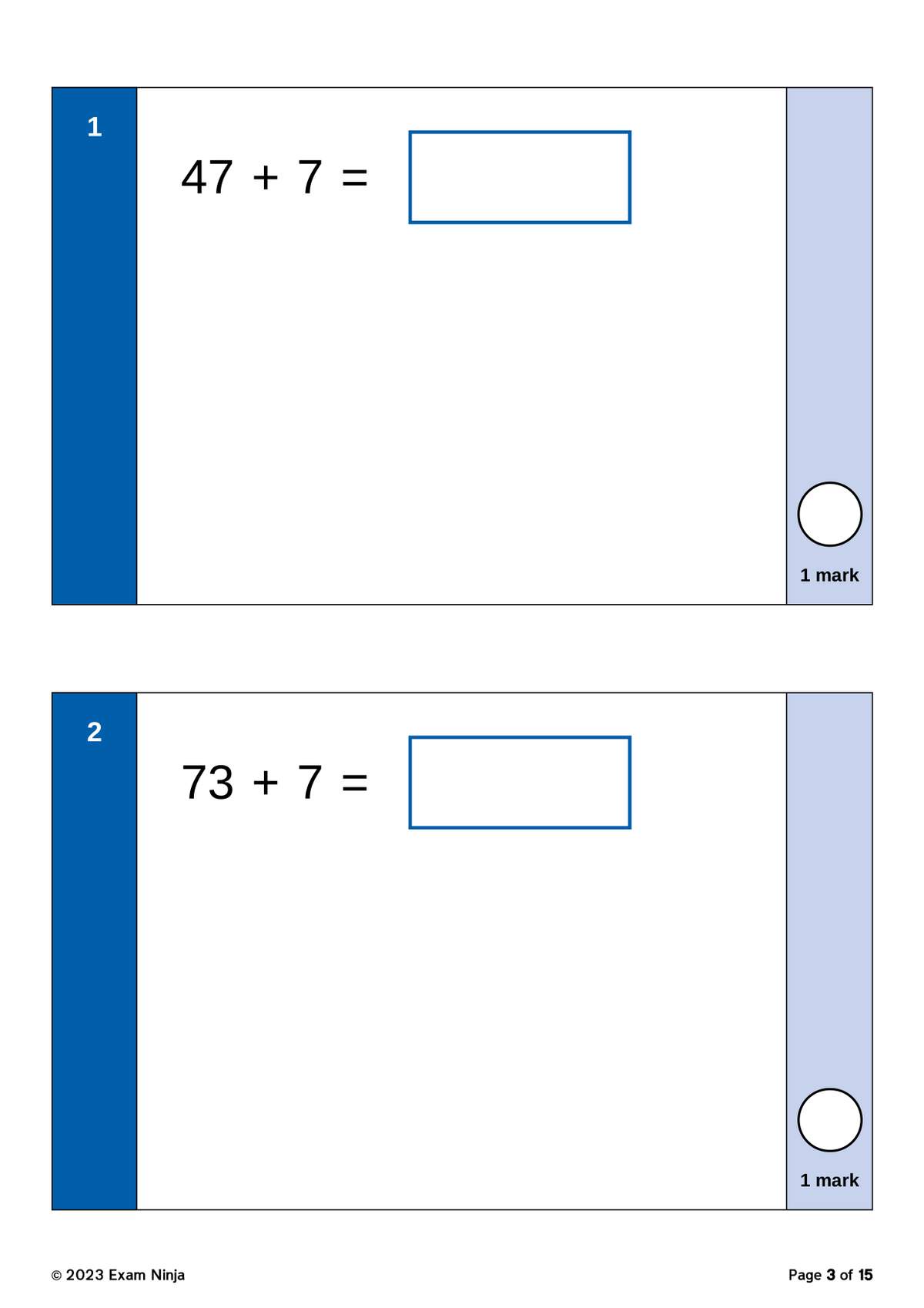 Two simple addition sums for Year 2 children, each worth one mark, with space to write the answer